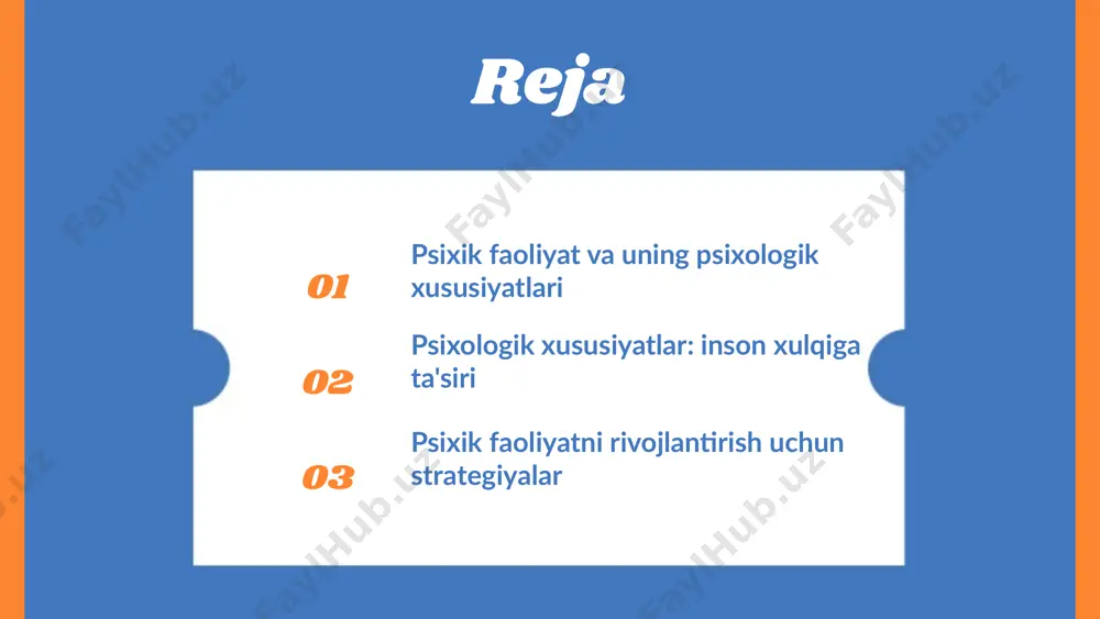 i yaxshilanadi. psixologik xususiyatlar va xulq-atvor - psixologik omillar xulq-atvorni shakllantirishda muhim rol o'ynaydi. - motivatsiya va hissiyotlar - xulq-atvorni boshqaradigan asosiy mexanizmlar. - ijtimoiy ta'sir va shaxsiy tajriba xulq-atvorimizga sezilarli ta'sir ko'rsatadi. - motivatsiya odamlarni maqsadlariga erishishga undaydi va xulq-atvorni yo'naltiradi. - hissiyotlar esa qarorlarimiz va harakatlarimizga ta'sir qiladi. - masalan, do'stlarimizning fikrlari va ijtimoiy muhitimiz bizning xulq-atvorimizni belgilaydi. psixik faoliyatni rivojlantirish strategiyalari psixik faoliyatni rivojlantirish har bir inson uchun muhimdir. bu jarayonning maqsadi shaxsni yanada rivojlantirish, ijtimoiy muhitda muvaffaqiyat qozonish va psixologik salomatlikni ta'minlashdan iborat. rivojlanish strategiyalari insonning shaxsiy o'sishi, ijtimoiy munosabatlar va psixologik resurslarni kengaytirishga yordam beradi. strategiyalarni tanlashda quyidagi omillarga e'tibor berish kerak: 1. shaxsiy ehtiyojlar va maqsadlar; 2. o'qitish va rivojlantirish jarayonida mavjud resurslar; 3. psixologik va ijtimoiy faktlar; 4. kelajakdagi natijalarni oldindan ko'rish imkoniyatlari. bu omillar, psixik faoliyatni rivojlantirishda to'g'ri strategiyalarni tanlashda muhim rol o'ynaydi. psixik faoliyatni rivojlantirishda qo'llaniladigan usullar va texnikalarga quyidagilar kiradi: …