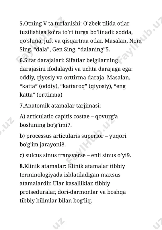 ral arteriya1. b) sulcus arteria temporalis – temporal arteriya o’yi2. c) canalis hypoglossus – hipoglossal kanal3. 12.lotin-yunon prefikslariga misollar: mega- (katta, ulkan) micro- (kichik) aero- (havo) bio- (hayot) geo- (yer) hydro- (suv) tele- (uzoq) 13.sifatning negizi: sifatlar predmetning xususiyatlarini ifodalaydi va ularning negizi belgilangan xususiyatning asosiy ma’nosini anglatadi. masalan, “chiroyli” sifatining negizi “chiroy” so’zidir4. 14.anatomik atamalar tarjimasi: а) regio intrascapularis – intraskapulyar mintaqa5. b) regio brachialis anterior – old qo’l mintaqasi6. c) processus articularis inferior – pastki bo’g’im jarayoni 15.sifat darajalari: sifatlar belgilangan xususiyatning darajasini ifodalaydi va uchta asosiy darajaga ega: oddiy, qiyosiy va orttirma daraja8. 16.uchinchi turlanish. jenskiy roddagi otlar: uchinchi turlanishda jinsiy rodga qarab o’zgaruvchanlik bor va ayrim hollarda jenskiy rodga mansub otlar ham uchinchi turlanish qoidalariga muvofiq keladi. 17.anatomik atamalar tarjimasi: а) facies articularis inferior – pastki bo’g’im yuzasi10. b) regio dorsalis manus – qo’lning orqa mintaqasi11. c) canalis palatinus major – katta palatinal kanal12. 18.diftong, digraf …