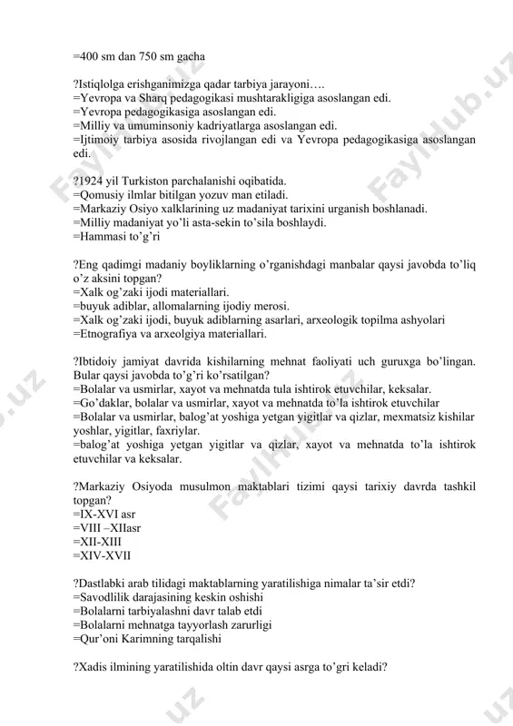 llarda movarounnahrga hujum qilgan? =705-715 yil =776-778 yil =715-719 yil =751-776 yil ?arab xalifaligida qanday maktablar bo’lgan? =boshlang’ich maktab, madrasa, qorixona. =boshlang’ich maktab, “doril-hikma”, madrasa. =maktab, madrasa, xalilxona, musulmon akademiyasi. =boshlang’ich maktab, madrasa, musulmon akademiyasi. ?«baytul hikma” qachon va kim tomonidan qurdirilgan? =xorun ar-rashid tomonidan – 8-asrda. =nizomul mulk tomonidan – 1067 yilda. =ma’mun ibn ma’mun tomonidan – 14 asrda. =mahmud g’aznaviy tomonidan – xi-asrda ?“baytul hikma” da tahsil olgan buyuk mutafakkirlar nomi to’g’ri ko’rsatilgan javobni toping. =beruniy, xorazmiy, forobiy, abu ali ibn sino, al-farg’oniy, a.navoiy =al-farg’oniy, al-xorazmiy, sa’diy sheroziy, al-buxoriy, a.navoiy =xorazmiy, al-huttaliy, al-javhariy, al-farg’oniy, al-marvaziy. =al-marvaziy, al-beruniy, al-huttaliy, ibn sino, xorun ar-rashid ?nizomiya madrasasi qachon va kim tomonidan qurilgan? =ma’mun ibn ma’mun tomonidan 1407 yilda. =xorun ar=rashid tomonidan – 988-yilda. =nizomiy ganjaviy tomonidan – 1417 yilda. =nizomul mulk tomonidan 1067 yilda. ?x asrda movarounnahrda qanday davlatlar tashkil topdi? =tohiriylar, somoniylar, temuriylar, saljuqiylar, qoraxoniylar, xorazmshohlar. =saljuqiylar, xorazmshohlar, boburiylar, sosoniylar, …