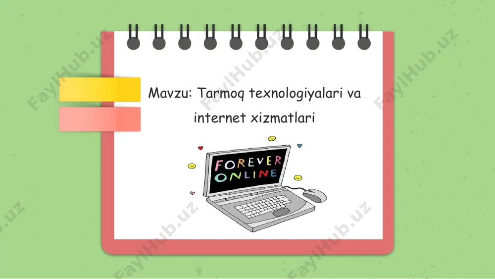 ir nechta yaqin binolardagi kompyuterlarni o‘zaro bog‘lagan tarmoq. mintaqaviy tarmoqlar-mamlakat, shahar, va viloyatlar darajasida kompyuterlarni va lokal tarmoqlarni maxsus aloqa yoki telekommunikasiya kanallari orqali o‘zaro bog‘lagan tarmoqlar. global tarmoqlar - o‘ziga butun dunyo kompyuterlarini, abonentlarini, lokal va mintaqaviy tarmoqlarini telekommunikasiya (kabelli, simsiz, sun’iy yo‘ldosh) aloqalari tarmog‘i orqali bog‘lagan yirik tarmoq. tarmoq taqdim etadigan hizmatlar. fayl server xizmati print server xizmati proksi server xizmati kompyuter va foydalanuvchi boshqaruvi xizmati kompyuter tарmоg‘i topologiyasi (yaxlitlash, qiyofalash, tuzilish) deganda tarmoq kompyuterlarini bir-biriga nisbatan fizik joylashtirish va ularni aloqa liniyalari bilan ulashi tushiniladi. kompyuter tarmoqlarining topologiyalri shina (bus) shina (bus), bunda hamma kompyuterlar bir aloqa liniyasiga parallel ulanadi va har bir kompyuterdan axborot bir vaqtda hamma qolgan kompyuterlarga uzatiladi tarmoqning uchta asosiy topologiyalari yulduz (star), bunda bitta markaziy kompyuterga chetda qolgan kompyuterlar ulanadi, shu bilan birga har biri o‘zining alohida aloqa liniyalaridan foydalanadi halqa (ring), bunda har bir kompyuter axborotni har doim faqat bitta zanjirda …