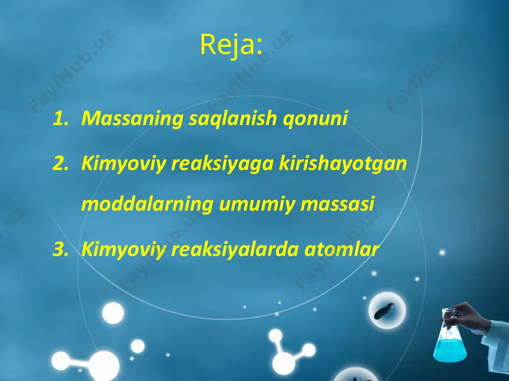 imyoviy o‘zgarishni amalga oshirish mumkin. massaning saqlanish qonunidan tabiatning quyidagi qonuni kelib chiqadi: moddalar yo‘qdan bor bo‘lmaydi, bordan yo‘q bo‘lmaydi, faqat bir turdan ikkinchisiga o‘zgaradi. image2.jpeg image3.jpeg image4.jpeg image5.jpeg image6.jpeg image7.png image8.jpeg image9.jpeg image10.jpeg image11.jpeg image12.jpeg image13.jpeg image14.jpeg image15.jpeg image16.jpeg image17.jpeg image18.jpeg image19.jpeg image20.jpeg image21.jpeg image22.jpeg image23.jpeg image24.jpeg image25.jpeg image26.jpeg image27.jpeg image1.jpeg