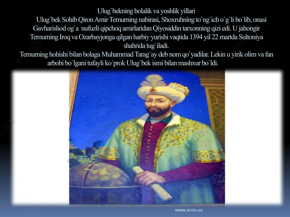 sonlar bo’lgan oddiy kasrlar, ularni yozish usullari, kasrlar ustida amallar bajarish, ularni bir ko’rinishdan ikkinchi ko’rinishga keltirish va boshqalar bayon etilgan www.arxiv.uz ulug`bek juda yosh bo`lishiga qaramay, davlat kengashlariga, mas'ul qabul marosimlariga ham kiritilar va hamisha bobosining chap tomonida o`tirar edi. demak, temur bu nabirasini davlat ishlarini boshqarishga ham tayyorlab borgan. ulug`bekning yoshligi movorounnahrda markazlashgan yirik davlat yuzaga kelgan sharoitda, bobosi temurning harbiy yurishlari davrida o`tdi. temur ulug`bekni ko`pincha bu yurishlarda o`zi bilan birga olib yurdi. masalan, 1398 yili hindistonga, 1399-1404 yili turkiyaga, 1404 yili xitoyga qilgan yurishlarida ulug`bek bobosi yonida bo`ldi. www.arxiv.uz 1447 yili shohruh vafot etgach, ulug`bek xurosonni movorounnahr bilan birlashtirib, kuchli davlat tuzishga harakat qildi, lekin qattiq qarshilikka duch keldi. 1448 yil bahorida hirot yaqinidagi tarnob degan joyda ulug`bek bilan jiyani alovuddavlat o`rtasida shohruh toju taxti uchun katta jang bo`lib o`tadi, qo`shinning chap tomonida ulug`bekning katta o`g`li abdulatif, o`ng tomonida kichik o`g`li abdulaziz qo`mondonlik qildi. jang ulug`bek …