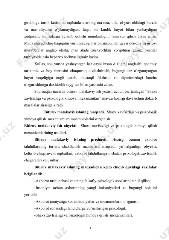 ta’lim tizimida yoshlarni har tomonlama barkamol, vatanparvar, xalqiga sodiq, iymonli, e’tiqodli qilib tarbiyalashda, ularda psixologik himoya mexanizmlarini shakllantirishda samarali foydalanish mumkin. bitiruv malakaviy ishning hajmi. bitiruv malakaviy ish kirish, ikki bob va uni tashkil etgan 4 ta paragraf, xulosa va foydalanilgan adabiyotlar rо‘yxatidan iborat bо‘lib, umumiy hajmi 67 betni tashkil etadi. i- bob . ochiq ommaviy axborot tizimlari sharoitida shaxsning psixologik о‘zini- о‘zi himoyalashi. 1.1. ochiq axborot kommunikativ tizimlarida shaxsning kо‘nikmalarini shakllantirish. axborot asri jadal rivojlanayotgan va axborot globallashayotgan bir zamonda - axborotlashgan jamiyat tamoyillarini yo’lga qo`ymay turib dunyo hamjamiyatiga qo’shilishning iloji yo’q. bu bevosita fan va texnologiyalar taraqqiyotini hamda ularni boshqarishni takomillashtirish, iqtisodiy va ijtimoiy rivojlanishda, mamlakatni modernizatsiya va isloh qilishda, demokratik yangilanishda yaqqol ko’zga tashlanmoqda. o’z navbatida, "jahon iqtisodiy inqirozi ishlab chiqarishni muntazam yangilab, modernizatsiya qilib borish zaruratini kun tartibiga yanada o’tkir qilib qo`ymoqda", - deb qayd qiladi yurtboshimiz islom karimov. hozirgi vaqtda ishlab chiqarishning rivojlanishini axborotsiz tasavvur …