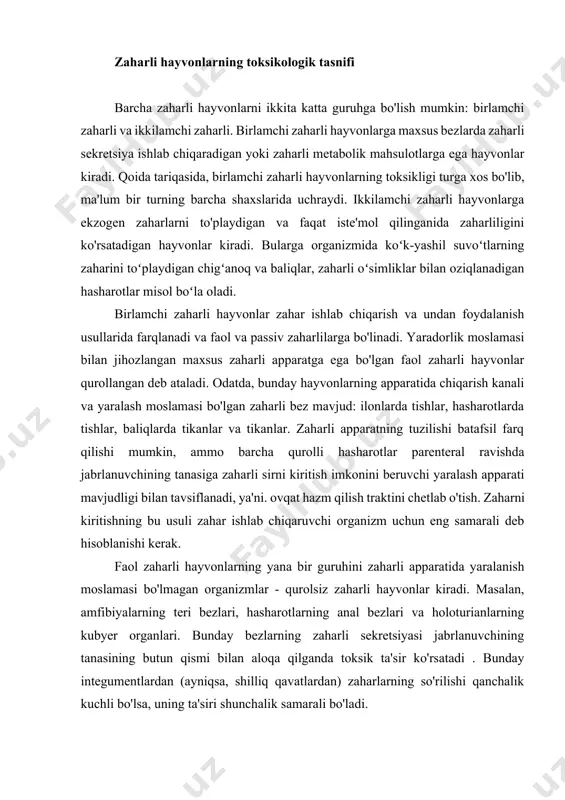 lardan) zaharlarning so'rilishi qanchalik kuchli bo'lsa, uning ta'siri shunchalik samarali bo'ladi. passiv zaharli hayvonlarda zaharli metabolitlar organizmda ishlab chiqariladi va turli organlar va to'qimalarda (hazm qilish, ko'payish), baliq, mollyuskalar va hasharotlarda to'planadi. passiv zaharli va ikkilamchi zaharli hayvonlar faqat ovqat hazm qilish kanaliga kirganda xavf tug'diradi, ammo ular orasidagi sezilarli farq birinchisi uchun toksiklikning doimiyligi (turga xos), ikkinchisi uchun uning sporadik tabiati. zootoksinlar (yunoncha zoon - hayvon, toxikon - zahar) tabiiy kelib chiqishi biologik faol moddalar bo'lib, biologik tuzilmalar bilan aniq tanlab o'zaro ta'sirga ega. hayvon zaharlarining kimyoviy tabiati va hayvon yoki odam organizmiga ta'sir qilish mexanizmlarini o'rganadigan fan zootoksinologiyadir. u molekulyar biologiya, zoologiya, fiziologiya, biokimyo, patofiziologiya, farmakologiya kabi fanlar chorrahasida vujudga kelgan. zootoksinologiya o'z ildizlariga qadimgi davrlarga borib taqaladi. tibbiyot timsoli eskulapiy iloni bilan o‘ralgan kosa ekanligi bejiz emas. qadimgi yunonistonda qadimiy haykallarda ilonlar bilan birga shifo beruvchi xudo eskulapiy, salomatlik ma'budasi gigiya va donolik ma'budasi afina tasvirlangan. zaharli …