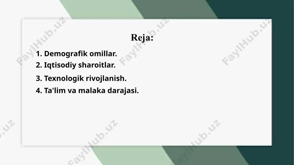 faollikni oshiradi, keksayish esa aksincha, ishchi kuchi qisqarishiga olib keladi. 2. iqtisodiy sharoitlar. iqtisodiy sharoitlar ishchi kuchining hajmi va bandligiga bevosita ta’sir qiladi. mamlakat iqtisodiyotining barqaror o‘sishi yangi ish o‘rinlarining yaratilishiga olib keladi, inqirozlar esa ishchi kuchining qisqarishiga sabab bo‘lishi mumkin. ish haqi darajasi ham muhim omil bo‘lib, yuqori maosh ishchi kuchining ko‘payishiga, past maosh esa mehnat migratsiyasiga olib kelishi mumkin. investitsiyalar va biznes muhitining rivojlanishi yangi ish joylarini yaratib, bandlik darajasini oshiradi. inflyatsiya va narxlarning o‘sishi esa aholi daromadlariga ta’sir qilib, mehnat bozoridagi talab va taklifni o‘zgartirishi mumkin. iqtisodiy sharoitlar mehnat bozorining holatiga va ishchi kuchining miqdoriga ta’sir qiladi. mamlakat yalpi ichki mahsulotining o‘sishi ish o‘rinlarini ko‘paytirsa, iqtisodiy tanazzul ishsizlik darajasining oshishiga sabab bo‘lishi mumkin. sanoat va xizmat ko‘rsatish sohalarining rivojlanishi yangi ish o‘rinlarini yaratib, ishchi kuchiga bo‘lgan talabni oshiradi. soliq siyosati va davlat tomonidan qo‘llab-quvvatlash choralarining mavjudligi tadbirkorlik faoliyatini rivojlantirib, ish joylari sonining ortishiga yordam beradi. kredit va …