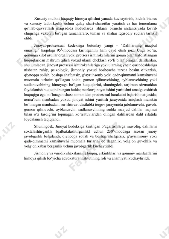 va uslublarini keng qoʼllashga xizmat qiladi. shuningdek, jinoyat protsessida fuqarolarning huquq va erkinliklarini himoya qilishning huquqiy kafolatlarini kuchaytirish, jinoyat ishlarini tergov qilishning tezkorligini oshirish maqsadida jinoyat sodir etishda gumon qilingan shaxslarni ushlab turish muddati qisqartirildi. "xabeas korpus" instituti qoʼllanishini yanada kengaytirish doirasida prokurorlarning pochta-telegraf joʼnatmalarini xatlab qoʼyish va eksgumatsiya qilish kabi tergov harakatlarini oʼtkazishga sanktsiya berish boʼyicha vakolatlari sudlarga oʼtkazildi. bundan tashqari, sudga qamoqqa olish yoki uy qamogʼi tarzidagi ehtiyot chorasini qoʼllash rad etilgan taqdirda muqobil ehtiyot chorasini qoʼllash imkoniyati berildi. sudda ish yuritish tezkorligi va sifatini oshirish, ish boʼyicha yakuniy qarorlar qabul qilish muddatlarini asossiz kechiktirishni bartaraf etish, sudlarning jinoyat protsessidagi rolini oshirishga qaratilgan yangilik sifatida sud tomonidan jinoyat ishini qoʼshimcha tergovga qaytarish instituti bekor qilinganini alohida taʼkidlash joiz. ommaviy-huquqiy munosabatlardan kelib chiqadigan nizolarni, shuningdek, maʼmuriy huquqbuzarliklar toʼgʼrisidagi ishlarni koʼrib chiqishga vakolatli boʼlgan yangi sud tizimi shakllantirildi. yaʼni, ilk marotaba davlat organlari va ularning mansabdor shaxslari gʼayriqonuniy harakatlari (harakatsizligi) …