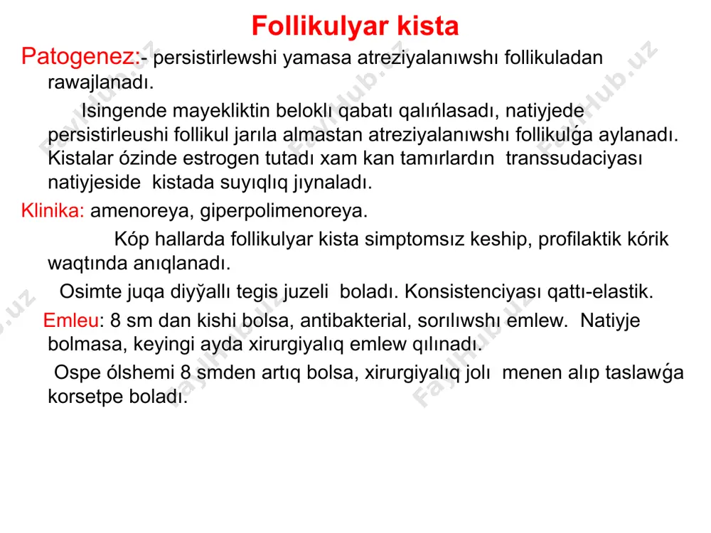nligi diametri 6 smden gigant kolemge jetedi. xarakterliligi onı kesip korgende ishinde silekey. emlew: xiruriyalıq jol menen. brenner óspeleri: – vol'fov protoklar juzeki epiteliysiniń metaplaziyası natiyjesinde kelip shıǵadı. tiykaran jaqsı sıpatli óspeler. esterogen islep shıǵaradı, sonıń ushın jatırdan anomal qan ketiwi guzetiledi. emlew: xiruriyalıq jolı menen. mayeklik fibroması: - biriktiriwshi toqımadan rawajlanatuǵın qawipsiz óspe. bir tarepleme, juzesi tegis, qattı konsistenciyalı boladı. ulkenligi ulken adamnıń basınıń kolemindey bolıwı mumkin. óspe ayaqshalı, bul bolsa onıń buralıp qalıwına alıp keledi, aste ósedi. hayz cikli basqa óspelardegi sıyaqlı buzılmaǵan boladı. kóbinshe ulken jaslı hayallarda, menopauzada guzetiledi. bazı holatlarda mayeklik fibroması meygs triadası (ascit – poliserozit, anemiya, kaxeksiya) menen guzetiledi. bul óspeniń qawiplige aylanǵanlıǵın bildiredi. emlew:xiruriyalıq jolı menen. ii. jınısıy dizim stroması óspelari – bul grupaǵa jınısıy dizim stromasında yamasa embrional gonadlar mezenxemasınan bolǵan óspeler kiredi. olar granulyoz kletkalar, teka kletkalar, sertoli ham leydig kletkalardan ibarat. granulez kletkalar (follikuloma) – follikulnıń granulyoz kletkalarınan rawajlanadı. óspe …