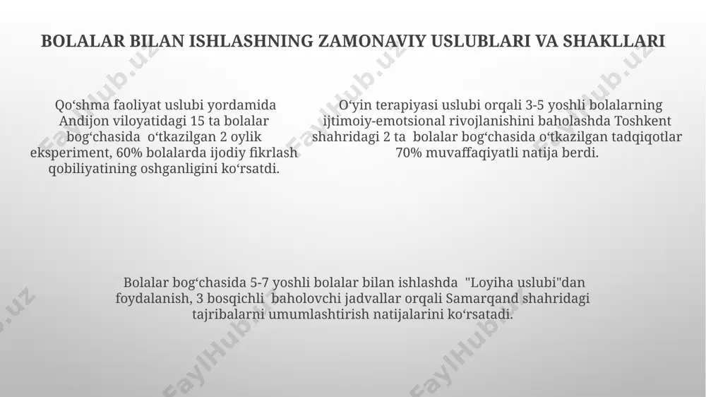 ta ta'lim muassasasi o'qituvchilari uchun "inklyuziv ta'lim" bo'yicha 10 soatlik qayta tayyorlash kursi tashkil etildi. samarqanddagi 25 nafar o'qituvchi interfaol o'qitish uslublari va digital resurslaridan foydalanish bo'yicha 2 kunlik treningdan o'tdi. 2023-yilda toshkent shahrida o'tkazilgan seminarlarda 50 dan ortiq o'qituvchi o'quv dasturlarini yangilash va zamonaviy pedagogik texnologiyalarni qo'llash bo'yicha malaka oshirdi. ota-onalar bilan ishlashning metodik jihatlari ota-onalar bilan hamkorlikda 5 ta loyiha ustida ishlash, har bir loyiha uchun kamida 10 ta maqsad belgilash va natijalarni taqdimot shaklida toshkent shahrida o‘tkaziladigan konferensiyada namoyish etish zarur. ota-onalar bilan o‘quv-uslubiy seminarlarni 3-5 yoshli bolalar uchun kamida 2 marta o‘tkazish, samarqand shahridagi tajribalar asosida o‘yin texnologiyalaridan foydalanish samaradorligini baholash kerak. bolalar bog‘chasida ota-onalar bilan 15-20 kishilik guruhlarda suhbatlar tashkil etish, ularning farzand tarbiyasi bo‘yicha muammolarini aniqlash va namangan viloyati tajribalaridan foydalanib, yechimlar taklif qilish muhim. ijtimoiy-emotsional rivojlantirishning metodik jihatlari bolalarning ijtimoiy-emotsional rivojlanishini yaxshilashga qaratilgan 10 ta o'yin va mashqlar to'plami, namangan viloyati maktabgacha ta'lim …