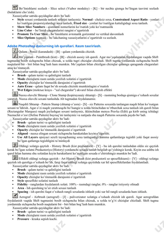 langan soxa ustidan biz xar hil xarkatlarni bajarishimiz mumkin. masalan xotiraga qirqib olib yoki nusxa olib yangi qatlamga uni kuyishimiz mumkin. yoki uni xajmini o’zgartirish va aylantirishimiz mumkin. va nixoyat uni ish soxa buylab siljitishimiz mumkin. harakatlanuvchi - move (peremeщenie) - [v] - tanlangan soxani ish soxa buylab harakatlantirish. agar alt tugmani bosib harakatlanishni boshlasak, u xolda tanlangan soxaning nusxasi olinib u harakatlanadi. agar esa shift tugmasidan foydalansak, u holda tanlangan soxa faqat vertikal va gorizontal harakatlanadi. tanlangan soxani klaviaturadagi yo’nalish strelkalari yordamida ham harakatlantirish mumkin, shunda xar bitta strelka bosilganida, tanlangan soxa 1 pikselga siljiydi. xususiyatlar satrida quyidagilar aktiv bo’ladi: · auto select layer soxasi - sichqoncha yordamida aktiv bo’lmagan qatlamni aktiv qilish. · show bounding box - tanlangan soxa chegaralarida ramka xosil qilish. ushbu ramka yordamida rasmni cho’zish va aylantirish mumkin bo’ladi. кadrlovchi - crop (кadrirovanie) - [c] - faylning kerak emas qismlarni qirqib olib rasmni kichkinalashtirish. buning …
