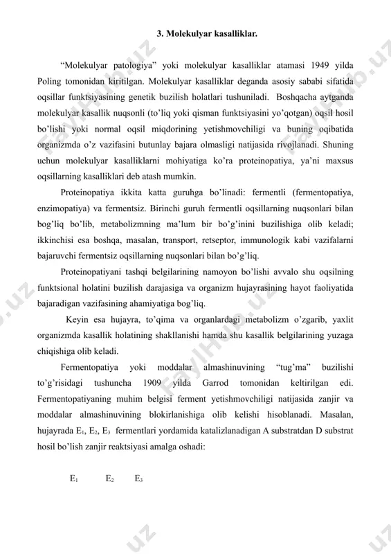almashinuvining turli bosqichlarida bloklarning hosil bo’lishidir. fenilketonuriya yoki fenil oligofreniya – fenilalaningidroksilaza nuqsoni bilan bog’liq molekulyar kasallik. bu kasallikda fenilalaninning tirozinga aylanishining blokadasi kuzatiladi. buning oqibatida fenilalanin va uning almashinuv mahsulotlari – fenilpiruvat, fenillaktat va fenilatsetat yig’ilib qoladi. bu moddalarning miqdori qonda va siydikda oshadi. odatda qonda fenilalaninning va siydikda fenilpirouzum kislotaning miqdori oshganiga qarab bu kasallik aniqlanadi. taxmin qilinishicha, fenilpirouzum kislota miya hujayralari uchun zaharli modda hisoblanadi, to’plangan modda holida nerv sistemasi faoliyatining boshqa muhim moddalari almashinuviga ta’sir etadi, masalan, serotoninning miqdori kamayadi. natijada fermentopatiyali bolalarda aqliy rivojlanish orqada qolishi – aqliy zaiflik, shaytonlash bo’lishi kuzatiladi. albinizm – tirozinaza nuqsoni bilan bog’liq molekulyar kasallik. bu fermentopatiyada dioksifenilalanin (dofa) ning dofa-xinonga va keyin qora rangli pigment melaninga aylanishi buziladi. melanin teri, soch va ko’z qorachig’ida bo’ladi va uning rangini belgilaydi. teri, sochning och rangli, ko’z qorachig’ining qizg’ish rangda bo’lishi bu kasallik uchun xos belgilar hisoblanadi. bunday holat jiddiy o’zgarishlarga olib …