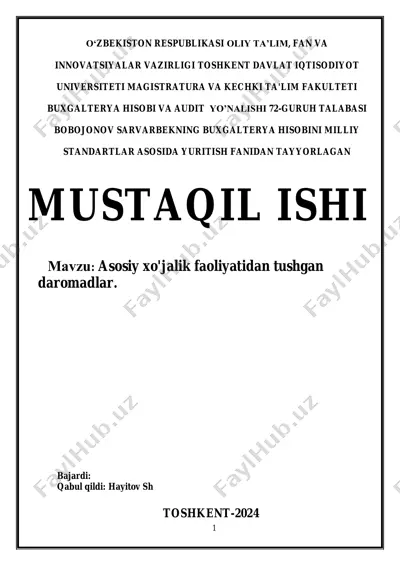 mustaqil ish “asosiy xo‘jalik faoliyatidan tushgan daromadlar” — PDF