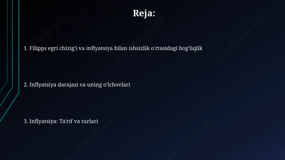 5% inflatsiya, narxlarning o'tgan yilga nisbatan 5% ga oshganini bildiradi. yaim deflyatori ham inflatsiya darajasini o'lchashda qo'llaniladi. u butun iqtisodiyotdagi tovarlar va xizmatlar narxlarining o'zgarishini aks ettiradi va cpi va ppi ga nisbatan kengroq ko'rsatkich hisoblanadi. inflyatsiyani boshqarish siyosati ҳукумат инфляцияни пасайтириш учун давлат харидларини 10% га қисқартириши, бюджет тақчиллигини камайтириши ва солиқ ставкаларини ошириши мумкин. инфляция кутилганидан юқори бўлса, 2% ли мақсадли инфляцияга эришиш учун ҳукумат ва марказий банк қўшимча чоралар, жумладан, пул-кредит сиёсатининг қатъийлашувини амалга ошириши мумкин. filipps egri chizig'i va iqtisodiy siyosat uzoq muddatli filipps egri chizig'i vertikal bo'lib, tabiiy ishsizlik darajasida joylashgan, ya'ni 4% tabiiy ishsizlik darajasida inflyatsiya darajasi iqtisodiy siyosatga bog'liq emas. filipps egri chizig'ining qiyaligi inflyatsiya va ishsizlik o'rtasidagi teskari munosabatni ko'rsatadi, masalan, 2% inflyatsiya 5% ishsizlik bilan bog'liq bo'lishi mumkin. inflyatsiya turlari инфляциянинг 2 тури мавжуд: талаб инфляцияси ва харажат инфляцияси. биринчиси, товар ва хизматларга бўлган талабнинг ортиши билан, иккинчиси эса ишлаб чиқариш …