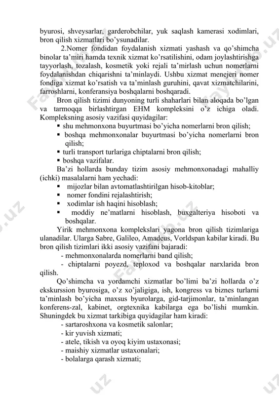 arda, shuningdek, mehmonxonalar zanjiri, uyushmalari, ittifoqlari darajasida tartibga solib turiladi. hozirda 30 dan ortiq klassifikatsiyasi mavjud bo’lib, ulardan nisbatan keng tarqalganlari quyidagilar: -yulduzlar tizimi (1dan 5gacha); -harflar tizimi (a, v, s,d); - "tojlar" yoki kalitlar tizimi; - ball tizimi; - razryadlar tizimi va boshqalar; dunyoda yagona tizimning yuzaga kelishi uchun davlatlarning milliy an’analari, madaniy-tarixiy farqlar, sifat kriteriylari to’siq bo’ladi. hozirda o’zbekistonda mehmonxonalar klassifikatsiyasi tizimi 1 dan 5 yulduzgacha bo’lgan standart joriy qilingan. har bir yulduz kategoriyasi quyidagilar bo’yicha ma’lum standartlar talablariga javob berishi lozim: - binolar, inshootlar; - mehmonxona nomerlari; - hayot xavfsizligini ta’minlash tizimi; - qulaylik darajasi; - asosiy, qo’shimcha va yordamchi xizmatlar; - personallar malakasi va boshqalar. turistlarni joylashtirishda klassik tipdagi bosh korxonadir. uning asosiy belgilaridan biri nomerlar mavjudligidadir. mehmonxonalar barcha zaruriy xizmatlar turlarini taqdim etadi. har kuni to’shakni tartibga keltirish, xona (nomer) va sanitariya uzellarini yig’ishtirish, shuningdek, qo’shimcha va yo’l-yo’lakay talab qilinadigan xizmatlarni bajarish. mehmonxonalarning turli klassifikatsiyalari …