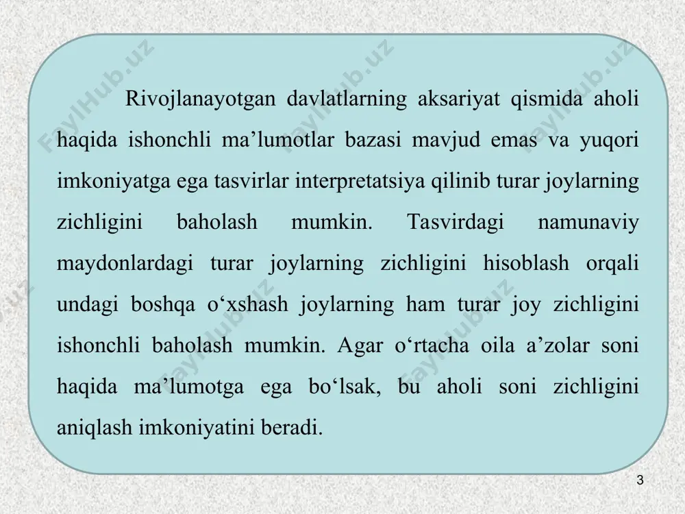 nglarni aralashtirish. * yer qoplamini o‘zgarishi ham ikki toifaga bo‘linadi: 1. mavsumiy o‘zgarish, masalan qishloq xo‘jalik yerlari va bargli o‘rmonlarda mavsumiy o‘zgarish sodir bo‘ladi. 2. yillik o‘zgarish (yil davomida yuz beradigan o‘zgarish), masalan o‘rmonlar kesilgan maydonlar yoki yangi qurilgan shaharchalar. * * 1-rasm. vaqt o‘tishi bilan yerdan foydalanish va yer qoplamining o‘zgarishi * odatda mavsumiy o‘zgarish va yillik o‘zgarish tasvirda aralash ko‘rinishda bo‘ladi. yillik o‘zgarishni aniqlashda haqiqiy o‘zgarish aniqlanishi lozim, buning uchun mavsumiy o‘zgarishni yo‘qotish maqsadida bir mavsumning turli paytida olingan ikkita tasvir tanlanadi. lekin, mavsumiy o‘zgarish murakkab bo‘lishi mumkinligi inobatga olinishi kerak. 8.1-rasmda yil davomida ma’lum bir joyning yerdan foydalanish va yer qoplamining o‘zgarishi tasvirlangan. * yerdan foydalanishdagi o‘zgarishni aniqlash va karta tuzishda batafsil ma’lumot olish uchun yuqori imkoniyatga ega bo‘lgan tasvirlar va yerdan foydalanishning turli sinflarini yaxshi farqlash uchun ko‘p spektrli optik ma’lumotlar talab qilinadi. * e’tiboringiz rahmat!