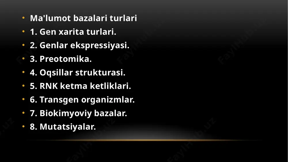 boshqa axborot resurslari. flybase loyihasi drosophila konsorsiumi tomonidan amalga oshiriladi aqshdagi garvard va indiana universitetlari hamda buyuk britaniyaning kembrij universiteti tadqiqotchilari va kompyuter olimlari tomonidan amalga oshiriladi . oqsillarning ortologik guruhlari klasterlari (cogs) ma'lumotlar bazasi bakteriyalar, arxeya va eukaryotlarning 21 ta to'liq genomlarida kodlangan oqsillarni filogenetik tasniflashga urinishdir pfam - bu oqsil oilalarining ma'lumotlar bazasi bo'lib , unda ularning izohlari va yashirin markov modellari yordamida yaratilgan bir nechta ketma-ketlik hizalamalari mavjud. eng soʻnggi versiya pfam 34.0 2021-yil mart oyida chiqarilgan va 19 179 oilani oʻz ichiga oladi. biotexnologiya axborotlashtirish milliy markazi ( ncbi ) qismi hisoblanadi tibbiyot amerika qo'shma shtatlari milliy kutubxonasi (nlm), bir filiali milliy sog'liqni saqlash institutlari (nih). amerika qo'shma shtatlari hukumati tomonidan tasdiqlangan va moliyalashtiriladi . ncbi merilend shtatining bethesda shahrida joylashgan bo'lib , 1988 yilda aqsh kongressi a'zosi klod pepper homiyligidagi qonunchilik asosida tashkil etilgan image1.png image3.png image4.png image5.png image6.png image7.png image8.jpeg image9.png image10.png image11.png image12.png …