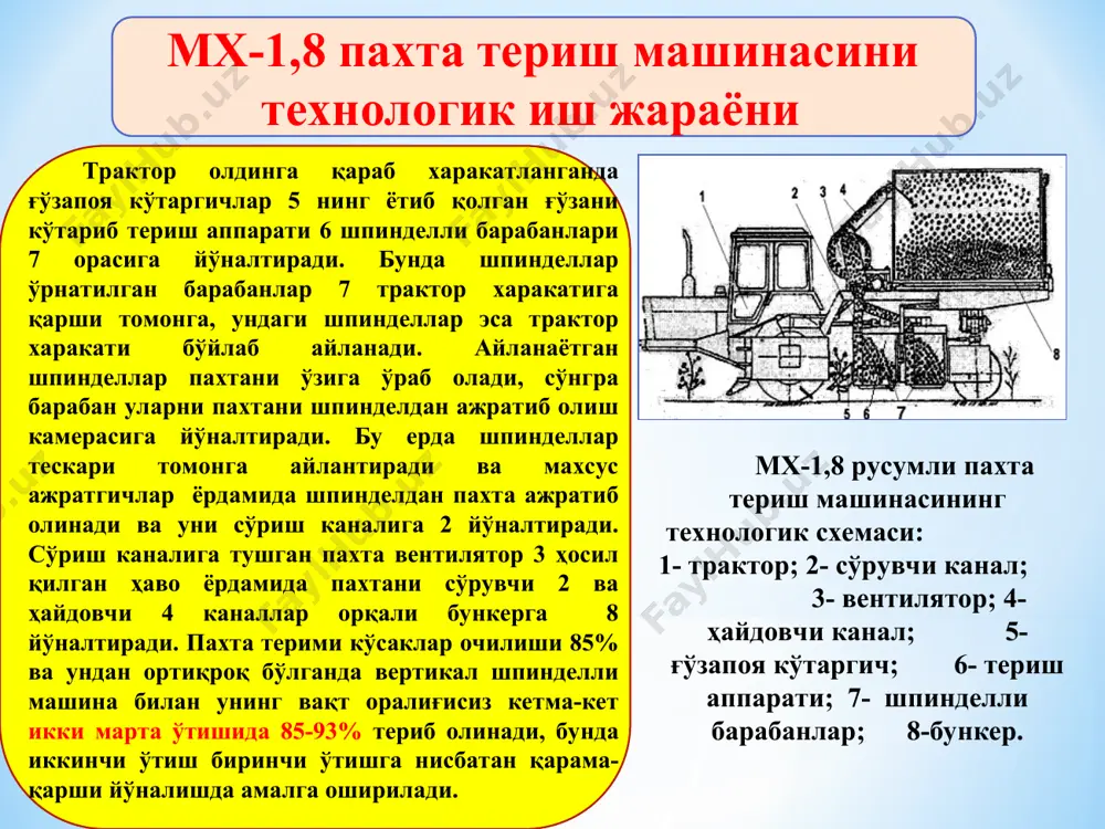 скин бурилиши ҳисобига шпинделнинг учи ажраткич ликопчалар 7 ини тезроқ учратади. шпиндель ажраткичга теккан вақтдан бошлаб, барабан билан бирга айланаётган кассета тескари томонга, яъни орқасига бурилиши ҳисобига, шпинделнинг ажраткичга тегиб туриш вақтини узоқроқ сақлаб (кассетанинг сд йўлида) қолади кассета ўзининг сд йўлида орқага бурилиб, биринчидан, шпинделни ажраткич ликопчаларига узоқроқ тегиб туриши, иккинчидан, шпинделнинг айланиш тезлиги сезиларли камайиши ҳисобига зич ўралган пахта ҳалқаси инерция кучи таъсирида қисман ечилиб улгуради, шу сабабли уни шпинделдан ажратиб олиш енгиллашади. шпиндель кичик ва конуссимон сиртга эга бўлгани учун ажраткич пахта ҳалқаларининг бир қисмини шпинделдан тўлиқ ечмай, тугунча кўринишида сидириб туширади. ажратилиб олинган пахта қабул камерасига тушиб, у ердан ҳаво оқими ёрдамида бункерга узатилади. ажраткичдан сўнг, шпиндел намлагич ёстиқчасига келиб урилади ва унинг намланган юмшоқ ва серқирра сирти бўйлаб юмалаб ўтади. шпиндел ўлчамлари чаноқдан суғуриб олинган пахта шпинделга ўралган ҳолда ерга тўкилмасдан ажратиш зонасига ўтказилиши керак. агар шпинделнинг диаметри кичик бўлса, чаноқдан пилта кўринишида суғуриб олинган …
