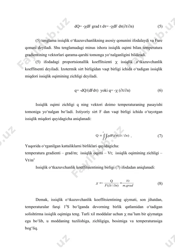 fizik xossalarga ega bo‘lgan jismlarga izotrop jismlar deb aytiladi. bunday jismni isitish vaqtida uning turli nuqtalaridagi temperatura vaqt bo‘yicha o‘zgaradi va issiqlik yuqori temperatura sohasidan past temperatura sohasiga tarqaydi. vaqtning ayni paytida ko‘rib chiqilayotgan fazoning barcha nuqtalaridagi temperatura qiymatlarining yig‘indisi temperatura maydoni deyiladi. temperatura maydoni quyidagi tenglama bilan ifodalanadi: t=f(x,u,z,() (1) bu yerda x,u,z – nuqta koordinatalari; ( - vaqt. agar jismning temperaturasi koordinata va vaqtning funktsiyasi bo‘lsa, u holda temperatura maydoni nostatsionar bo‘ladi: t=f(x,u,z,(); (t/(((0 (2) agar jismning temperaturasi faqat koordinataning funktsiyasi bo‘lib, vaqt davomida o‘zgarmasa, u holda temperatura maydoni statsionar bo‘ladi. t=f(x,u,z); (t/((=0 (3) temperatura maydoni uchta, ikkita va bitta koordinataning funktsiyasi bo‘lishi mumkin va mos ravishda, u uch, ikki va bir o‘lchamli deyiladi. hamma nuqtalarida temperatura bir xil bo‘ladigan sirt izotermik sirt deyiladi. 1-rasm. izotermalar. temperatura gradienti haqidagi tushunchaga doir fazoning ayni nuqtasining o‘zida bir vaqtda ikki xil temperatura bo‘lishi mumkin emasligi uchun, turli izotermik sirtlar xech …