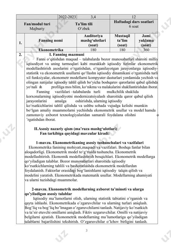 jratish. ekonometrik modellarning ma’lumotlariga qo’yiladigan talablarni bajarilishini tekshirish. o’zgaruvchilar o’lchov birligini tanlash. dastlabki axborotni shakllantirish. vaqtli qatorlar va fazoviy ma’lumotlarning farqlash. ekonometrik modellarni tuzishda qatnashadigan iqtisodiy ma’lumotlarga qo’yiladigan talablar bajarilishini tekshirish. ekonometrik modellashtirishda ma’lumotlarni dispersion tahlil qilish. nopmal taqsimot qonuni shartlarini tekshirish. 3-mavzu. ekonometrikada ehtimollar nazariyasi va statistikaning asosiy tushunchalari bosh to‘plam, tanlama. chastota, mutloq va nisbiy miqdorlar. o‘rtacha qiymat. variatsiya. variatsion qator. variatsiya chegarasi, ekstremal qiymat. dispersiya. o‘rtacha kvadratik chetlanish. variatsiya koeffitsienti. ekssess.rivojlanish yo‘llari va asosiy yakunlari. o‘zbekiston respublikasi sanoatining asosiy ko‘rsatkichlari va ularning dinamikasi. 4-mavzu. juft regressiya modeli eng kichik kvadratlar metodi (ekkm). ikki o‘zgaruvchili chiziqli regressiya modeli. ekkm ning matritsa formasi. ekkm ning geometrik talqinii. regressiya koeffitsientlarining eng kichik kvadratlar metodi baholarining statistik xossalari. gauus-markov teoremasi. tebranish dispersiyasini baholash. 5-mavzu. juft regressiya parametrlari uchun intervalli baholar. juft regressiya tenglamasining ma’nodorligini baholash juft regressiya koeffitsientlari uchun ishonch intervallari. juft regressiya koeffitsientlariga nisbatan statistik gipotezalar va ularni tekshirish. juft …