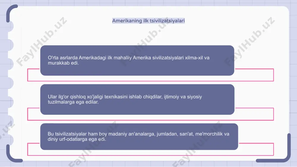 g tarqalishiga ham guvoh boʻldi, bu esa shaxslarning maʼnaviy hayotiga va jamiyatning axloqiy tuzilishiga chuqur taʼsir koʻrsatdi. texnologik yutuqlar va innovatsiyalar texnologik taraqqiyot va innovatsiyalar o'rta asrlarda amerikaning shakllanishida muhim rol o'ynadi. ushbu yutuqlar qishloq xo'jaligi, ishlab chiqarish va transport kabi turli sohalarda yaxshilanishlarga olib keldi. e'tiborga molik texnologik yutuqlardan biri mexanik soatning joriy etilishi bo'lib, u vaqtni hisoblashda inqilob qildi va yanada samarali va uyushgan jamiyatning rivojlanishiga hissa qo'shdi. bundan tashqari, kema qurish va navigatsiya texnikasidagi innovatsiyalar kristofer kolumb kabi tadqiqotchilarga yangi erlarni kashf qilish imkonini berdi va bu vaqt davomida amerikaning qamrovini kengaytirdi. e'tiboringiz uchun rahmat