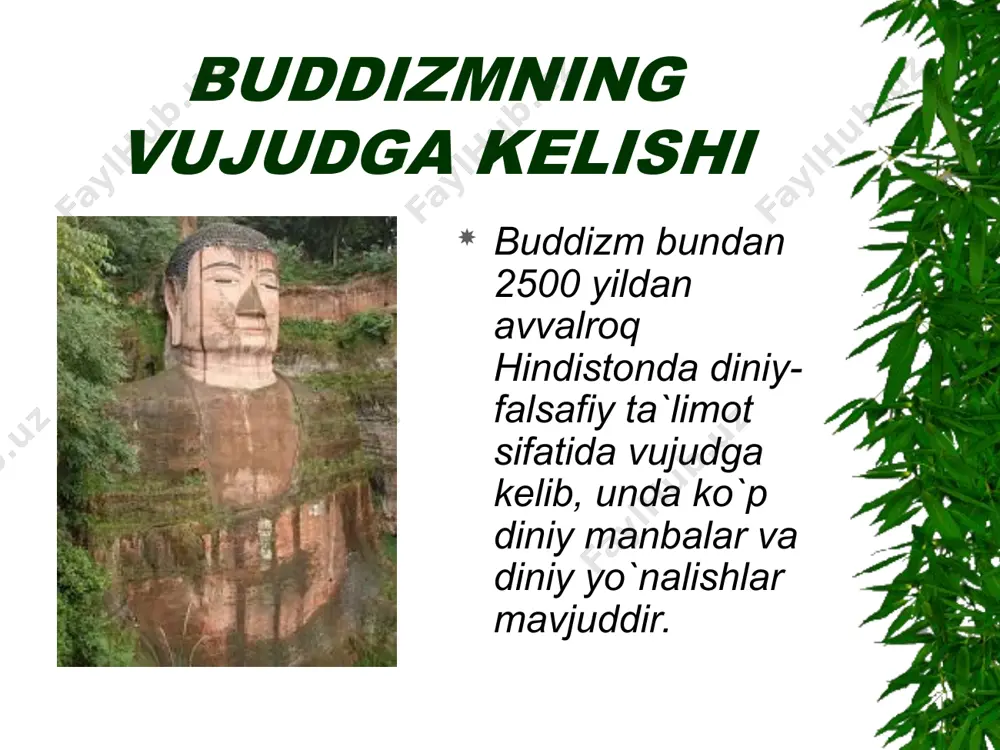 uvchi narsalardan saqlanish. mast qiluvchi narsalardan saqlanish. meditatsiya to`g`ri tushunish. to`g`ri niyat qilish. o`zini to`g`ri tutish. to`g`ri anglash. to`g`ri harakat qilish. to`g`ri hayot kechirish. to`g`ri fikr yuritish. to`g`ri gapirish. donishmandlik bu buddizmning asosiy maqsadi bo`lib, narsalar tabiatini to`g`ri tushuninshdan iborat. ko`rsatilgan uch amaliyot bosqichini o`tagan inson oxir-oqibat oliy saodatga, ya`ni “nirvana” holatiga erishadi. nirvana-o`chish, so`nish. tarqalishi ushbu ta`limotning yoyilishida buddist jamoalarning ro`li katta bo`lgan. ular yilning ob-havosi yaxshi bo`lgan to`qqiz oyida shaharma-shahar bu dinga da`vat qilib yurganlar. buddizm boshqa dinlarga sig`inishni taqiqlamaydi.budda, ularga ibodat qilish insonga vaqtincha tasalli berishi mumkin, biroq, ular nirvana holatiga olib bormaydi, deb ta`lim beergan. ilohalari hindistonning buddizmga mansub ilohalari: dunyoning yaratuvchisi braxma, chaqmoq va momoqaldiroq xudosi indra, hunarmandchilar homiysi xatimanu, tibetda qahramon baser timsoli, mongoliyada chingizxon kabi milliy qahramonlar buddizm timsoliga aylangan. biroq bu ilohlar nirvana holatiga olib bormaydi. faqatgina budda nirvana holatiga boshlay oladi va shu yo`sinda insonni azoblardan xalos etadi. manbalari buddizm ta`limoti …