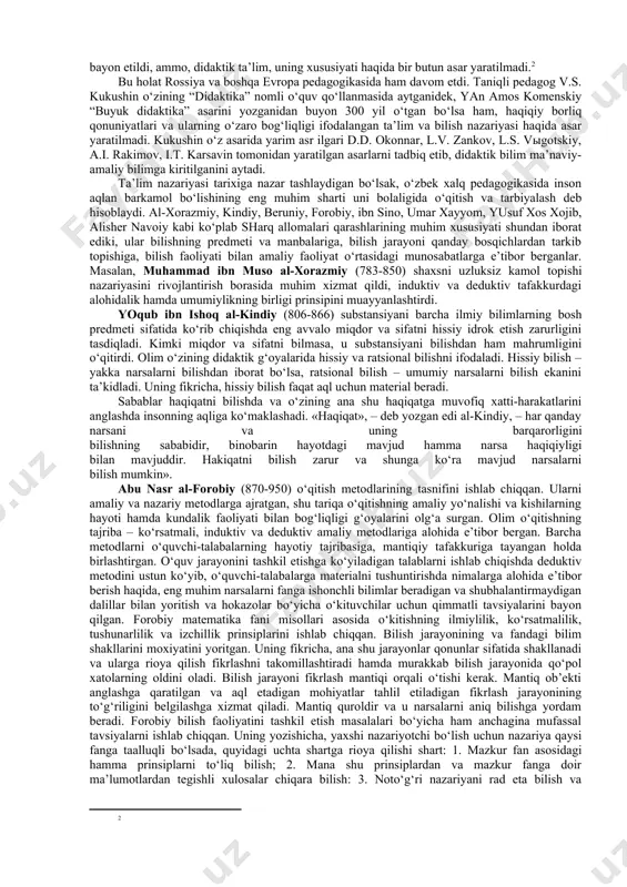 ilan kurollantirishdan iborat. ta’lim inson bilish faoliyatining bir turi sifatida bir necha ma’noni bildiradi, ya’ni ta’lim oluvchilarda bilim, ko‘nikma va malakalar xosil kilish, ularda dunyokarash, fikr va e’tiqodlarni shakllantirish xamda ularning qobiliyatlarini o‘stirishdir. ta’lim orkali yosh avlodga insoniyat tajribasi orkali to‘plangan bilimlar beriladi, zaruriy ko‘nikma va malakalar xamda e’tikodlar shakllantiriladi. ta’lim o‘kituvchi va o‘quvchi-talabalarning birgalikdagi faoliyati bo‘lib, u ikki tomonlama xarakterga ega, ya’ni unda ikki tomon o‘kituvchi va o‘quvchi-talaba faol ishtirok etadi. o‘kituvchi anik maksadni ko‘zlab, reja va dastur asosida bilim, ko‘nikma va malakalarni singdiradi, o‘quvchi-talabalar esa uni faol o‘zlashtirib oladi. bildirish, bilish murakkab, kiyin, ziddiyatli jarayondir. bu jarayonda inson psixikasiga tegishli sezgi, idrok, xotira, xayol, diqqat, tasavvur, tafakkur va nutq kabi jarayonlar faol ishtirok etadi va muhim rol o‘ynaydi. ta’lim berish, yoshlarga bilim berish, ularda ko‘nikma va malakalarni xosil kilish, ya’ni haqiqatlarni ocha olishga qodir bo‘lgan jiddiy mantiqiy tafakkurni tarbiyalashdir. didaktikaning ilmiy-nazariy vazifasi ta’limning mavjud jarayonlarini o‘rganish, uning turli …