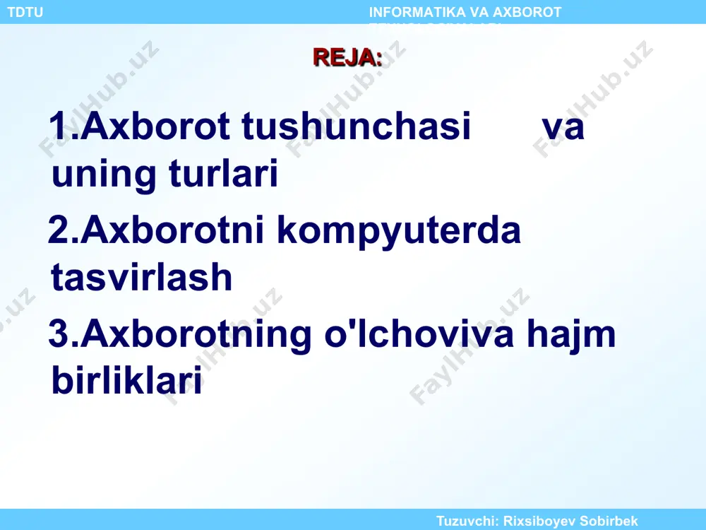 h to‟g‟risida»gi o‟zbekiston respublikasi prezidenta farmoni\\«xalq so‟zi» gazetasi, 2002 yil 6 iyun. «kompyuterlashtirishni yanada rivojlantirish va axborot-kommunikatsiya texnologiyalarini joriy etish chora-tadbirlari to‟g‟risida»gi o‟zbekiston respublikasi vazirlar mahkamasining qarori\\«xalq so‟zi» gazetasi, 2002 yil 8 iyun. aripov m., begalov v., begimqulov u., mamarajabov m. axborot texnologiyalari. toshkent: noshir, 2009. -368 b. alimov r.x., begalov b.a., yulchiyeva g.t., alishov sh. iqtisodiyotda axborot texnologiyalari: o'quv qo'llanma. toshkent: o'zbekiston yozuvchilar uyushmasi adabiyot jamg'armasi nashriyoti, 2005. -184 b. aripov m, tillayev a. web sahifalar yaratish texnologiyalari. toshkent, 2006. -170 b. aripov m., kobiljanova f.a., yuldashev z.x. informatika. informatsionno‟e texnologii. tashkent: universitet, 2005. -350 s. begalov b.a., sultanova sm. informatsionno‟e sistemo‟ buxgalterskogo ucheta: problemo‟, poiski, resheniya. tashkent: fan, 2009. -116 s. begalov b.a., jukovskaya i.e., li d.m. informatsionno-kommunikatsionno‟e texnologii v turizme uzbekistana. t.: fan, 2008.-134 s. begalov b.a., kudaybergenov a.k. effektivnost ispolzovaniya informatsionno-kommunikatsionno‟x texnologiy na predpriyatiyax. tashkent: fan, 2007. -140 s. – – • • • • • …