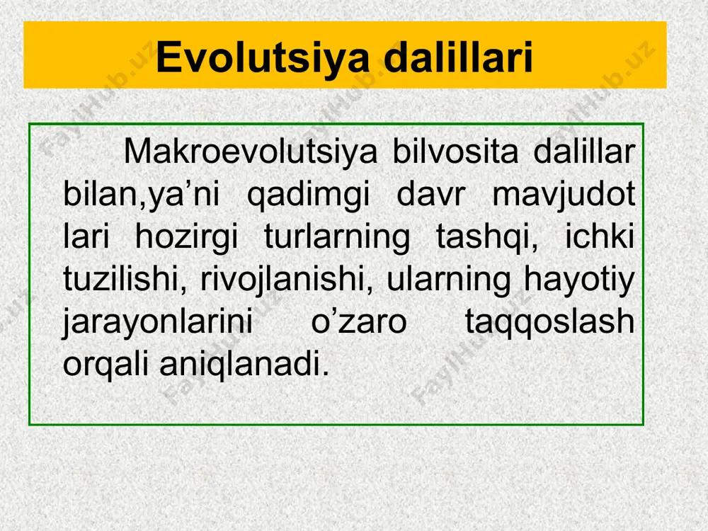 кovalevskiy (1842-1883) mashhur rus zoologi , paleontologiya fani asoschisi.otlar evolutsiyasini filogenezini qayta tiklagan otlar filogenezi: 1 – eoguppus; 2 – мioguppus; 3 – меriguppus; 4 – plioguppus; 5 – ekvus (hozirgi ot) 11 палеонтологические доказательства. пример палеонтологических рядов – эволюционный ряд лошадей. biogeografiya fan dalillari floralar va fauna larni taqoslash pelekt formalar biogeografiya fanida to’plangan dalillar hozirgi davrda turli qit’alarning hayvonot va o’simliklar olamining xilma-xilligi,o’ziga xos tuzilishi sabablarini ochib beradi. biogeografiya fan dalillari biogeografik viloyatlar neotropik va xabashiston viloyatlarining hayvonot dunyosi avstraliya biogeografik viloyati avstraliya gondvanadan ajragan davr triasning o’rtalarida sutemizuvchilarning faqat tuxum qo’yib ko’payuvchi hamda qopchiqlilar tarqalgan 16 пример биогеографических доказательств. сравнение флоры и фауны – сумчатые и клоачные млекопитающие австралии. коаlа оpossum кuskus exidna o’rdakburun xaltali ayiq xaltali bo’ri кеnguru 17 пример биогеографические доказательств. сравнение флоры и фауны – сумчатые и клоачные млекопитающие австралии. relekt formalar relekt formalar – qadimgi davrlarda yashab so’ng qirilib ketgan organizmlarning hozirgi vaqtdagi …