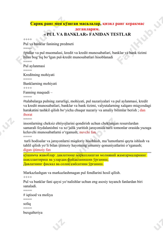 носабатлари; · ==== · tovar ishlab chiqarish, tovarlarni ўзаро бартер усулида ayirboshlash ifoda qiladi; · натурал ишлаб чиқариш; · pul ishlab chiqarish ==== ==== tovarni pulga nisbati ++++ qadimgi davrda odamlar o‘z ehtiyojidan ortib qolgan iste’mol mahsulotlari turib qolmasligi va saqlashning imkoniyati bo‘lmaganligi bois qanday yo’l tutishgan? #o‘zlariga yaqin yoki tanish odamlarga bergan ==== saqlashda davom etishgan ==== berkitib qo’yishgan ==== bankka topshirib qo’yishgan ++++ pulning tovar xo‘jaligi sharoitida amal qilishining samaradorligini oshiruvchi omillar: ==== #4 давлат томонидан бозор иқтисодиётига мувофиқ оқилона пул-кредит сиёсати юритиш; ==== 5 давлат томонидан марказлашган режа асосида маъмурий пул сиёсатини юритиш; ==== 3 давлат томонидан самарали солиқ ва фискал сиёсати юритиш; ==== 6 валюта курсларини бпрқарорлигини таъминлаш. ++++ “kredit” so‘zining ma’nosi nima? ==== #ssuda, qarz ==== pul beraman ==== ishonaman ==== qarzga pul beraman ++++ “qimmatli qog‘ozlar (aktsiyalar va obligatsiyalar) bozori pul oqimlaridan oqilona daromad olish maqsadida ularni tezkorlik bilan foydalanuvchilarga etkazib berishni ta’minlab turadilar” …