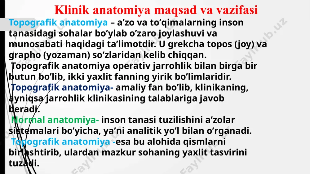 havo, turli ranglar, eritmalar, suspenziyalar, kontrast moddalar (rentgen tekshiruv uchun). topogrаfik аnаtomiyani murdаdа oʼrgаnish parenximatoz aʼzolardagi tomirlar (bronxlar, oʼt yoʼllari) arxitektonikasini korroziyalash usulida oʼrganishda ularga qotuvchi rangli moddalar yuborib, keyin qolipni aʼzoning qoldiqlaridan yuvib tozalanadi. topogrаfik аnаtomiyani murdаdа oʼrgаnish jarohlik asboblari umumiy asboblar maxsus asboblar deyarli barcha operatsiyalarda ishlatiladigan asosiy xirurgik asboblarini ularning qo‘llaniladigan o‘rniga qarab besh guruhga bo‘lish mumkin: to‘qimalarni kesishga mo‘ljallangan asboblar (skalpel, pichoq, qaychi, arra va boshqalar); qon ketishini to‘xtatadigan asboblar (turli xil qisqich, ligatura ignalari); yordamchi asboblar (pinset, ilmoqcha, oyna, zond va boshqalar); to‘qimalarni tikish uchun ishlatiladigan asboblar (ignatutqich va ignalar, mishel qistirgichlari); maxsus asboblar (xirurgiyaning yo‘nalishlarida qo‘llaniladi, masalan, xirurgik oftalmologiya, otorinolaringologiya, neyroxirurgiya, travmatologiya, kardioxirurgiya va boshqalar). 1-guruh: to’qimalarni kеsishga mo’ljallangan asboblar: skalpеllar. 1 – qorinchali skalpel; 2 – o‘tkir uchli skalpel; 3 – to‘g‘ri rezeksiya pichog‘i; 4 – amputatsiya pichog‘i; 5 – tumtoq uchli qaychi; 6 – o‘tkir uchli qaychi; 7 – kuper qaychisi; 8 …