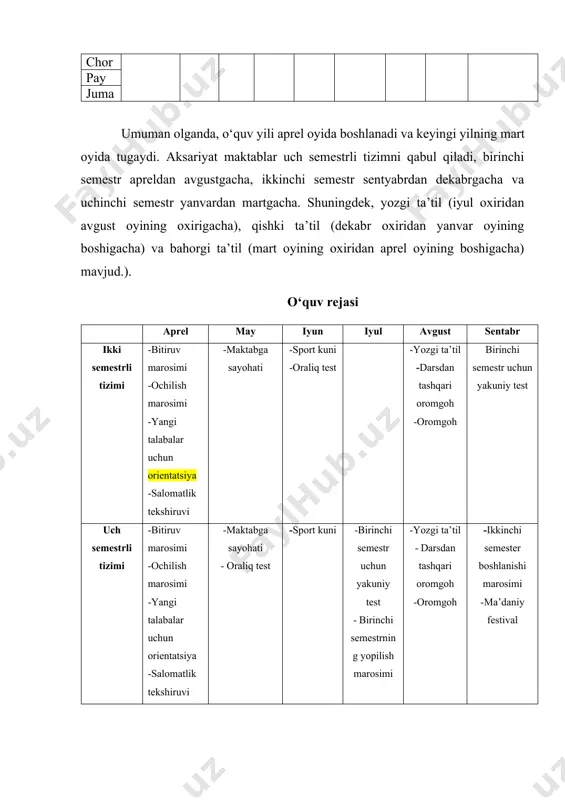 mester boshlanishi marosimi -ma’daniy festival maktabga moslashish uchun eng oson davr oktabr noyabr dekabr yanvar feral mart ikki semestrli tizimi -kuzgi ta’til -ikkinchi semester boshlanishi marosimi -maktab bo‘ylab sayohat -ikkinchi semestr uchun oraliq test -xususiy yuqori maktablarga kirish imtihonlari -xususiy yuqori maktablarga kirish imtihonlari - bitiruv marosimi uch semestrli tizimi -ikkinchi semestr uchun oraliq test - maktab bo‘ylab sayohat -ikkinchi semsetr uchun yakuniy test -ikkinchi semestrni yopilish marosimi -uchinchi semestrni ochilish marosimi -xususiy yuqori maktablarga kirish imtihonlari -xususiy yuqori maktablarga kirish imtihonlari - bitiruv marosimi maktab tashkiloti har bir maktabda direktor, direktor oʻrinbosari, oʻqituvchilar, maktab hamshirasi va boshqa maʼmuriy xodimlar mavjud. ijrochi direktor sifatida direktor maktabning barcha mas'uliyatini, shu jumladan kursni o'tkazish va tegishli ma'muriy ishlarni o'z zimmasiga oladi. direktor o'rinbosari maktabning ma'muriy ishlarini boshqarishda direktorni qo'llab-quvvatlaydi, shuningdek, o'quvchining o'quv faoliyati va o'quv dasturi uchun javobgardir. bundan tashqari, maktabning uzluksiz ishlashini ta’minlash uchun o‘qituvchilar o‘z zimmalariga turli vazifalarni, ya’ni o‘quv …