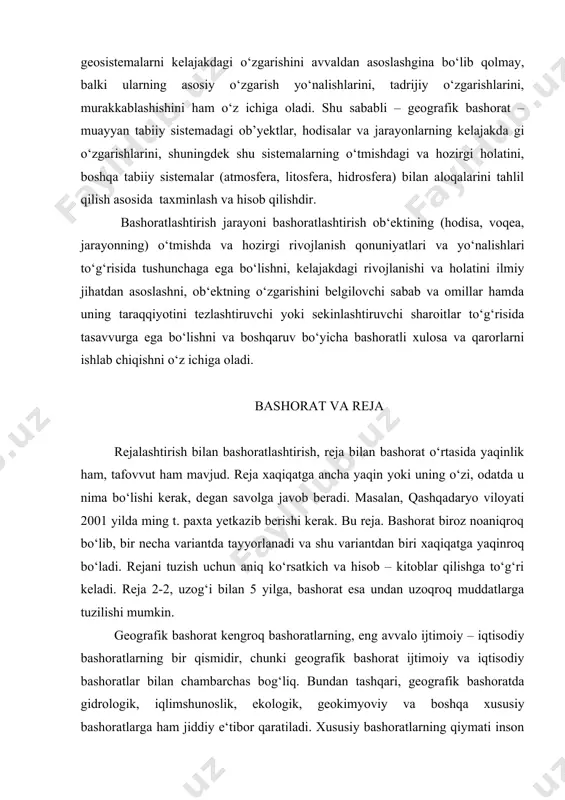 variantda tayyorlanadi va shu variantdan biri xaqiqatga yaqinroq bo‘ladi. rejani tuzish uchun aniq ko‘rsatkich va hisob – kitoblar qilishga to‘g‘ri keladi. reja 2-2, uzog‘i bilan 5 yilga, bashorat esa undan uzoqroq muddatlarga tuzilishi mumkin. geografik bashorat kengroq bashoratlarning, eng avvalo ijtimoiy – iqtisodiy bashoratlarning bir qismidir, chunki geografik bashorat ijtimoiy va iqtisodiy bashoratlar bilan chambarchas bog‘liq. bundan tashqari, geografik bashoratda gidrologik, iqlimshunoslik, ekologik, geokimyoviy va boshqa xususiy bashoratlarga ham jiddiy e‘tibor qaratiladi. xususiy bashoratlarning qiymati inson ta‘siri ostidagi kelajakni begilaganda oshadi. odam omilini e‘tiborga olmasdan turli geografik bashorat ishlab chiqilishi mumkin emas. geografik bashorat o‘z oldiga integral geotizimlar kelajakda qanday bo‘lishini ilmiy asoslashni, ya‘ni turli mamlakatlar guruhlari, aniq mamlakatlar, viloyatlar, shaharlar, landshaftlarning guruhlari va ayrim landshaftlarning tizimlarida tabiat, aholi, texnika, xo‘jalikning o‘zaro ta‘siri qanday bo‘lishini ilmiy asoslashni vazifa qilib qo‘yadi. barcha geografik bashoratlar sistemalarning bashorat qilinayotgan elementlarining xususiatlari, miqyoslari va aniqlik darajasiga ko‘ra farqlanadi. geografik bashorat: a) tabiiy – geografik, …