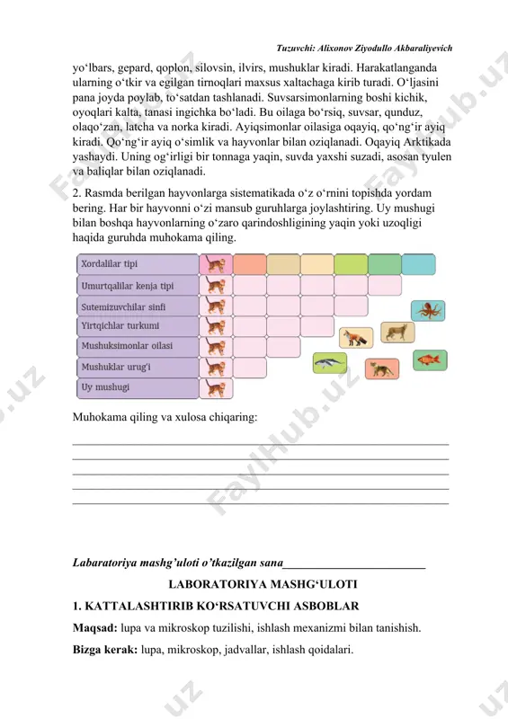5. ustiga bir tomchi yod eritmasi tomizing. 6. qoplagich oyna bilan yopib, ortiqcha suvni filtr qog‘ozga shimdiring. 7. dastlab mikroskopning kichik obyektivida, keyin katta obyektivida kuzating. xuddi shunday preparat tayyorlab, kartoshka tuganagi yoki ivitilgan bug‘doy donidan g‘amlovchi to‘qimani, nok yoki behi meva etidan olib, hujayralarini ko‘rish mumkin. natija: o‘simlik organlaridan vaqtinchalik preparatlar tayyorlash va mikroskopda o‘rganish orqali tadqiqotchilik ko‘nikmalari shakllanadi. tirik organizmlarning tuzilishi va xususiyatlari haqida ilmiy xulosalar chiqarishga zamin yaratadi. muhokama qiling va xulosa chiqaring. 1. o‘simlikning har qanday organidan vaqtinchalik preparat tayyorlash mumkinmi? 2. nima uchun vaqtinchalik preparat tayyorlashda suv tomiziladi? vaqtinchalik preparatni nima uchun dastlab kichik obyektivda, so‘ng katta obyektivda o‘rganish kerak? ___________________________________________________________________________________________________________________________________________________________________________________________________________________________________________________________________________________________________________________________ nazorat ishi-2 nazorat ishi o’tkazilgan sana ______________ 1.tirik organimzlar hujayrasida 98%ni tashkil etuvchi elementlarni toping a)c,n,o,h b)n,k,o,c c)n,o,c d)h,k,c,o 2.orgsnizmda mg (a)ca(b) j (c)yetishmasa qanday jarayonlar kuzatiladi a)a-buqoq kasalligi b-fotosintezni susayayishi c-suyakni sinuvchanligi b)a-fotosintezni susayishi b- suyaklarning rivojlanishini susayishi c-buqoq kasaligi 3.fagasitoz (a) pinositoz(b) …