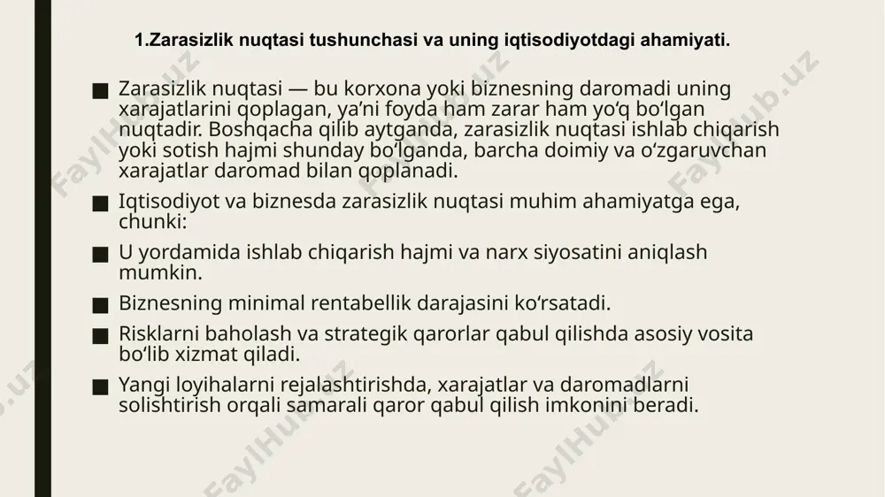 di daromad chizig‘i mahsulot birligiga ko‘ra daromad oshadi zarasizlik nuqtasi (bep) umumiy xarajatlar chizig‘i va daromad chizig‘ining kesishgan nuqtasi misol shartlar: doimiy xarajatlar = 50 000 so‘m o‘zgaruvchan xarajatlar = 300 so‘m / birlik mahsulot narxi = 500 so‘m / birlik hisoblash (bep): grafikni chizish bo‘yicha ko‘rsatma: x o‘qi: mahsulot birligi (0 dan 500 birlikgacha) y o‘qi: so‘mda xarajat va daromad (0 dan 150 000 so‘mgacha) doimiy xarajatlar chizig‘i: gorizontal chiziq = 50 000 so‘m umumiy xarajatlar chizig‘i: formulasi: tc = fc + vc × q = 50 000 + 300 × q masalan: 0 birlik → 50 000 100 birlik → 80 000 200 birlik → 110 000 250 birlik → 125 000 daromad chizig‘i: formulasi: tr = p × q = 500 × q masalan: 0 birlik → 0 100 birlik → 50 000 250 birlik → 125 000 300 birlik → 150 000 kesishgan nuqta = zarasizlik …