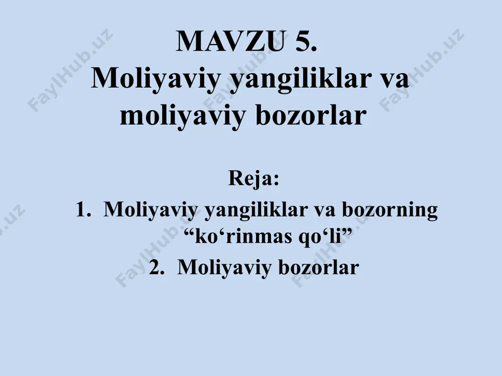 tlarini va ko‘ngil ochish sohasidagi xarajatlarni to‘lash uchun foydalaniladigan kartochkalarning savdosi bilan shug‘ullanadigan carte blanche firmasini sotib olish to‘g‘risida so‘zlashuv olib borayotganligi haqidagi keskin xabarlar ham tarqalgan edi. bu bitim first national cityga ko‘p sonli savdogarlar va mijozlarni olib kelishi kerak edi. 2. moliyaviy bozorlar zamonaviy moliyaviy bozorning eng umumiy ko‘rinishini quyidagi tarkibiy qismlar birligi sifatida tasavvur qilish mumkin moliyaviy bozorlar pul bozori kapital bozori fond bozori valyuta bozori zamonaviy moliyaviy bozorning eng umumiy ko‘rinishi qarz instrumentlari, shuningdek, qarzni uzish muddati (maturity) asosida ham klassifikatsiyalanadi. qisqa muddatli (qarz uzish muddati bir yildan kam bo‘lgan) qarz majburiyatlari bozori pul bozori (money market) nomiga ega. uzoq muddatli qarz majburiyatlari va aksiyalar bozori esa kapital bozori (capital market) deb nomlanadi. image1.png /docprops/thumbnail.jpeg