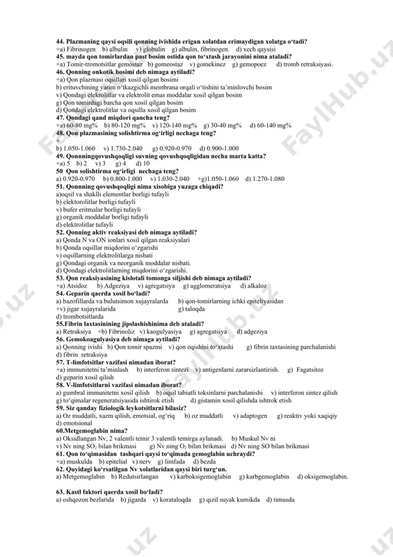 etgan. +a) fibrinogen+protrombinaza+sa+2 → tromboplas tinogen+ trombokin+ protrombin+trombin → fibrin. b) protrombin+sa++ trombin+vit k+ faktorush → tromboplastinogenlar protrombokinaza+trombokinaza→ fibrinogen. v) protrombinaza+sa++ + tromboplastinogen+ trombokinaza+ vti. k+u, ush faktorlar+protrombin+sa++ trombin+fibrinogen→ fibrin. g) protombinaza+plastinogenlar+sa+++ fibrinogen→ fibrin. d) protombinaza+sa++ trombin sa+++ fibrinogen → fibrin+u,ush faktorlar→ fibrinoliz. 25. xomiladorlikning qaysi xolatida xomilaning gemolitik kasalligi kelib chiqadi? +a) ona qoni rh-, xomila qoni rh+ .b)ona qoni rh+, xomila qoni rh- v) ona qoni rh+, xomila qoni rh- g) ona qoni rh-, xomila qoni rh- d) ona qoni n2, xomila qoni n2 26. quyidagi qaysi xolatda, qon quyilganda retsipient uchun xavf tug‘ilishi mumkin? +a) rh- retsipientga rh+ qon quyilganda b) rh+ retsipientiga rh- qon quyilganda v) rh+ retsipientiga rh+ qon quyilganda g) rh- retsipientiga rh- qon quyilganda d) n2 retsipientiga n2 qon quyilganda 7. qonning rang ko‘rsatkichi normada nechaga teng? +a) 0,85-1,1 b) 0.4-0.8 v) 0.65-0.96 g) 0.88-1.1 d) 1.1-1.8 28. kattalarda gematokrit ko‘rsatkich nechaga teng? …