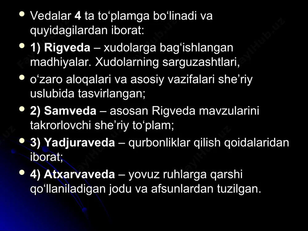 xatodir. bunday kurash nafaqat diniy tizimlar o‘rtasida, balki bitta diniy tizimdagi xudolar darajasida ham to‘xtovsiz davom etgan. masalaning diqqatga sazovor jihati shundaki, ular o‘rtasidagi keskin raqobat jamiyatda to‘qnashuvlarni, diniy urushlarni keltirib chiqarmagan. buddaviylikning davlat dini sifatida tan olinganligi (miloddan avvalgi iii asr) diniy tizimlar o‘rtasidagi raqobatni susaytirmagan. bu kurash, ayniqsa, braxmanizm va buddaviylik dinlari o‘rtasida murosasiz kechgan. lekin braxmanizm avvalgi holatida qayta tiklanishi mumkin emas edi. natijada braxmanizmning negizida yangi diniy ta’limot – hinduiylik vujudga kelgan. uning shakllanish jarayoni milodiy i asrga kelib yakunlangan va hindistonda keng yoyilishi milodiy iv–vi asrlardagi guptalar imperiyasi davriga to‘g‘ri kelgan. buddaviylik bilan hinduiylikning raqobat kurashi uzoq davom etgan. faqat x asrga kelib, buddaviylik hindistondan uzil-kesil siqib chiqarilgan. yangi dinni «hinduiylik» deb atash viii asrda islom dinining hindistonda yoyilishi bilan bog‘liqdir. islom dinini qabul qilmagan aholini mahalliy musulmonlar «hindilar» deb ataganlar va keyinchalik ilmiy adabiyotda yangi din tarafdorlari «hinduiylar» deb atala boshlangan. hinduiylar o‘z diniy …