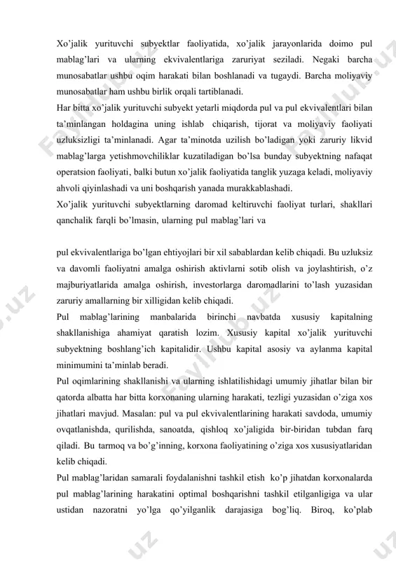 mumkin. to’g’ri bu holat keyingi faoliyatlar uchun manba sifatida qaralishi mumkin, lekin ularning doimiy aylanishdan chetlanishlari tufayli korxona ish faolligi, likvidligi sustlashadi, moliyaviy ahvoli qiyinlashadi. shu sababli, pul mablag’larini boshqarishda har bitta korxonaning pul mablag’lari va pul ekvivalentlarining faoliyat uzluksizligini ta’minlash, majburiyatlarning ortib ketishiga yo’l qo’ymaydigan taktik boshqaruvini yo’lga qo’yish choralarini ko’rish lozim bo’ladi. 2. asosiy moliyaviy va investitsion faoliyat bo’yicha pul oqimlari tahlili. operatsion faoliyatdan pul mablag’lari kirimi va chiqimida: hisobot davrida sotilgan mahsulot (ish va xizmat)lar uchun korxonaning bank hisobvaraqlari va kassasiga kelib tushgan pul mablag’lari summasi; mahsulot yetkazib beruvchilarga materiallar, tovarlar, ishlar va xizmatlar uchun to’langan pul mablag’lari summasi; xodimlarga mehnatga haq to’lash ko’rinishida to’langan pul mablag’lari summasi, shuningdek‚ davlat maqsadli jamg’armalariga to’langan mablag’lar summalari, byudjetga jismoniy shaxslar daromad solig’ini to’lash, kasaba uyushmasiga ajratmalar, alimentlar, uy-joy fondiga, xodimlarga berilgan bank kreditlari bo’yicha to’lash, xodimlarga ko’rsatiladigan xizmatlar uchun korxonaning haq to’lashi, kassadan va bank hisobvaraqlaridan xodimlar bilan va …