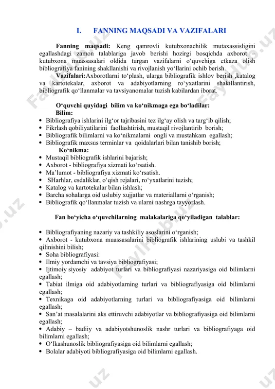 dasturiy ta’minoti bilan tanishish va ishlash prinsiplarini o‘rganish 4 a 2 13 elektron katalog bilan ishlash elektron katalog bilan ishlash 4 a 2 14 avtomatlashtirilgan ish joylarida ishlash administratorning, kataloglashtiruvchining, kutubxonachining va komplektatorning aij ishlash 4 a 2 5-bo‘lim. armat++ - axborot-resurs markazining avtomatlashtirilgan tizimi 15 axborot-resurs markazi serveriga tizimni o‘rnatish va moslashtirish axborot-resurs markazi serveriga tizimni o‘rnatish va moslashtirish to‘g‘risida bilimlar berildi. 4 a 2 16 tizimning avtomatlashtirilgan ish o‘rinlari aakt armat++ tizimining avtomatlashtirilgan ish o‘rinlari to‘g‘risidagi umumiy ma’lumotlar tushuntiriladi. aio‘lar orasidagi bog‘lanishlar to‘g‘risidagi ma’lumot beriladi. 6 a 2 17 kataloglashtiruvchining aio‘ funksiyalari kataloglashtiruvchining aio‘ bilan ishlashni o‘rganadilar. aio‘ ishga tushirish, ish varaqalarini, ma’lumotlar bazasini tanlash funksiyalarini amalda bajaradilar. 6 a 2 18 foydalanuvchilarni ro‘yxatga olish foydalanuvchilarni tizimda ro‘yxatga olishni amalda bajaradilar. 6 a 2 19 bir muallifli hujjatlarni kataloglashtirish bir muallifli hujjatlarni marc 21 formati asosida kataloglashtirishni o‘rganadilar. 6 a 2 20 ikki muallifli hujjatlarni kataloglashtirish mashg‘ulot davomida …