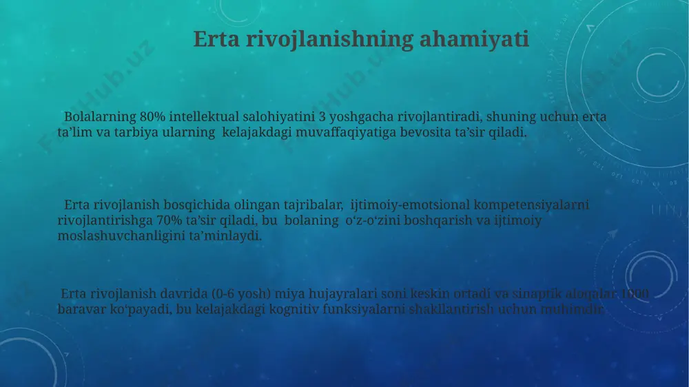 rlik, bolaning rivojlanishida 20% ga yaxshilanishga olib kelishi mumkin, bu esa o'quv jarayonini sezilarli darajada yaxshilaydi. har oyda kamida 2 marta ota-onalar bilan uchrashuvlar o'tkazish, o'zaro munosabatlarni mustahkamlash va muammolarni tezkor hal qilishga yordam beradi. bolalar bog'chasida ota-onalarning faol ishtiroki, masalan, loyihalarda yoki tadbirlarda 50% gacha bolalarning o'ziga ishonchining oshishiga sabab bo'ladi. davlat siyosati va qonunchilik o'zbekiston respublikasi ta'lim to'g'risidagi qonunida maktabgacha ta'lim muassasalarining davlat tomonidan litsenziyalanishi va akkreditatsiyadan o'tishi jarayoni aniq belgilangan. davlat maktabgacha ta'lim muassasalarini moliyalashtirishda byudjet mablag'larining 20% dan ortiq qismini ajratadi, bu o'quvchilar soniga va standartlarga bog'liq. maktabgacha ta'lim sohasidagi kadrlar tayyorlash va qayta tayyorlash dasturlari davlat tomonidan qo'llab-quvvatlanadi va kamida 5 yillik tajribaga ega mutaxassislarni o'z ichiga oladi. jamiyatga qo'shgan hissasi ta'lim jarayonida qo'llaniladigan innovatsion pedagogik texnologiyalar (masalan, o'yin uslubidagi mashg'ulotlar) yordamida o'qituvchilar bolalarda 85% gacha intellektual rivojlanishni ta'minlaydi, bu esa jamiyatning intellektual salohiyatini oshiradi. maktabgacha ta'lim muassasalarida 5-7 yoshli bolalar sonining 70% ga yaqini …