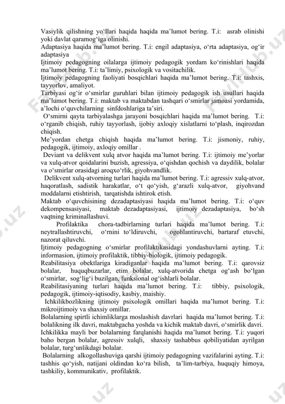 tadqiqotning vazifalari haqida ma’lumot bering. t.i: tadqiqotning bosqichlari va metodlari. ijtimoiy pedagogika fanida oila turlari va oilaning ijtimoiy maqomi haqida ma’lumot bering. oilaning ijtimoiy vazifalari haqida ma’lumot bering. t.i: reproduktiv, iqtisodiy, boshlang‘ich ijtimoiylashtirish, rekreativ va psixoterepevtik. ijtimoiy pedagogika fanning vazifalari haqida ma’lumot bering. t.i: nazariy, amaliy, insonparvarlik, tarbiyaviy, ijtimoiy, reabilitatsion. ijtimoiy pedagogikaning mezonlari haqida ma’lumot bering. t.i: ijtimoiy pedagogik faoliyat, ijtimoiy ta’lim va ijtimoiy tarbiya. ijtimoiy pedagogikaning umummantiqiy metodlari haqida ma’lumot bering. t.i: analiz, sintez, umumlashtirish, qiyoslash, modellashtirish, loyihalash. ijtimoiy pedagogikaning umumpedagogik metodlari haqida ma’lumot bering. t.i: kuzatish, suxbat, tajriba. ijtimoiy pedagogikaning xususiy pedagogik - psixologik metodlari haqida ma’lumot bering. t.i: individual va guruhiy o‘rganish, xurmatlash, tushuntirish, ijobiy fazilatlarga tayanish, ijtimoiy fikrlarni hisobga olish, tashxislash ekspert xulosalarini hisobga olish. ijtimoiy pedagogikaning tarixiy metodlari haqida ma’lumot bering. t.i: tarixiy qiyoslsh, genetika, strukturaviy (alohida belgilar, shartli guruhlar) tarixiy manbalarni o‘rganish. ijtimoiy pedagogikaning sosiologik metodlari haqida ma’lumot bering. t.i: anketa, so‘rovnoma, intervyu olish, …