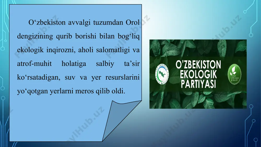 ining ekologiya va atrof muhitni muhofaza qilish davlat qo‘mitasiga aylantirildi. ekologik muammolarning tobora global ahamiyat kasb etib borayotganligi inobatga olinib, so‘nggi yillarda muhim ustuvor vazifalar bilan bir qatorda atrof muhit muhofazasi, ekologik madaniyat, ekologik ta’lim-tarbiya, ekologik ma’rifat masalalariga alohida e’tibor berilmoqda. ekologik ta’limning dolzarbligi mamlakatimiz tabiati, ekotizimlari, atrof muhitni beqarorlik va izdan chiqishdan asrash, aholining ekologik madaniyatini oshirish, ushbu o‘ta jiddiy, hayotiy masalalarga aholining barcha qatlamlari, ayniqsa, yoshlar hissa qo‘shishi zarurligi bilan belgilanadi. biroq, ekologik ta’limni amalga oshirish jarayonining tizimli tahlili ekologik ta’limni tashkil etishda bu boradagi islohotlarni to‘liq ro‘yobga chiqarishga to‘sqinlik qiluvchi jiddiy muammo va kamchiliklar saqlanib qolayotganligini ko‘rsatmoqda. maktabgacha ta’lim tashkilotlarida birinchi navbatda ushbu ta’lim turi uchun belgilangan “bolajon” tayanch dasturi qayta ko‘rib chiqiladi, dasturda bolalarda ona tabiatni asrab-avaylash borasidagi ilk tasavvurlarni uyg‘otishga hamda uni asrab-avaylash, ekologiya va atrof muhitni muhofaza qilish to‘g‘risidagi mavzularni ko‘paytirishga e’tibor qaratiladi. (5-band o‘zbekiston respublikasi vazirlar mahkamasining 2021-yil 20-maydagi 320-sonli qarori tahririda — …