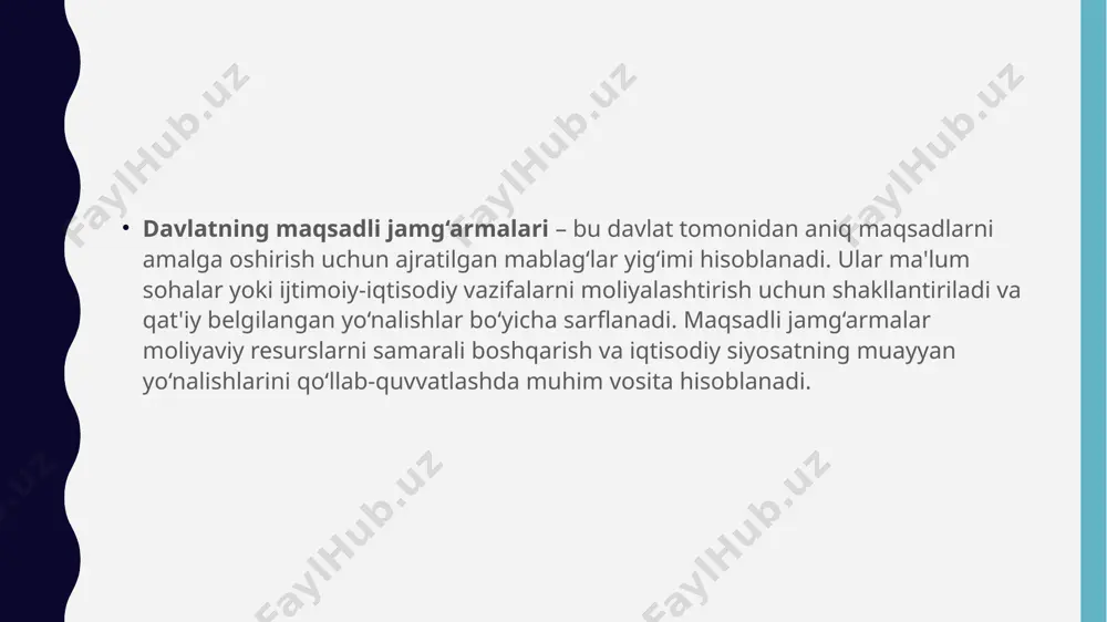 tsiya va ilmiy tadqiqot jamg‘armalari: ilmiy izlanishlar, yangi texnologiyalarni joriy etish va innovatsion loyihalarni moliyalashtirish uchun ishlatiladi. favqulodda vaziyatlar jamg‘armalari: tabiiy ofatlar, yong‘inlar, texnogen avariyalar kabi favqulodda vaziyatlarda tezkor yordam ko‘rsatish va bartaraf etish uchun mablag‘larni to‘playdi. maqsadli jamg‘armalarning manbalari: soliqlar va majburiy badallar: ayrim jamg‘armalar soliqlar yoki majburiy sug‘urta badallari orqali shakllantiriladi. masalan, ijtimoiy sug‘urta jamg‘armalari odatda mehnatga haq to‘lash fondidan ajratmalar asosida to‘ldiriladi. davlat byudjeti ajratmalari: davlat byudjetidan ajratiladigan mablag‘lar ham maqsadli jamg‘armalarni shakllantirish manbasi bo‘lishi mumkin. xalqaro yordam va grantlar: ba'zi hollarda, xalqaro tashkilotlar yoki boshqa davlatlar tomonidan ajratilgan yordam mablag‘lari jamg‘armalarni to‘ldiradi. jarimalar va to‘lovlar: ekologik qonunbuzarliklar uchun jarimalar, bojxona to‘lovlari kabi manbalar orqali ham jamg‘armalar shakllanadi. investitsiyalardan olinadigan daromadlar: maqsadli jamg‘armalarning mablag‘lari investitsiya qilingan holatda, ushbu investitsiyalardan olinadigan daromadlar ham jamg‘arma manbai bo‘lishi mumkin. maqsadli jamg‘armalarning funksiyalari: moliyaviy resurslarni to‘plash va taqsimlash: mablag‘larni to‘plash orqali davlatning ijtimoiy va iqtisodiy siyosatini amalga oshirishda yordam beradi. ijtimoiy …