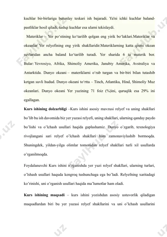el’eflar: daralar, erozion soylar, jarliklar, kotlovanlar kiradi. akkumulyativ tipdagi rel’ef shakllari – suv, shamol, muzliklar keltirgan tog‘ jinslari bo‘lakcha va zararachalarining to‘planishidan hosil bo‘lgan rel’ef shakllaridir. bularga – daryo vodiysining terrasalari, morena balandliklari, barxanlar kiradi. rel’ef shaklining o‘lchamiga qarab quyidagi turlarga bo‘linadi: geotektura, morfostruktura va morfoskulptura. relyef endogen (ichki) va ekzogen (tashki) kuchlarning birgalikda hamda muntazam oʻzaro taʼsiri natijasida vujudga keladi. shuningdek, yer yuzasining shakllanishiga gravitatsiya jarayonlari, inson faoliyati ham oʻz taʼsirini koʻrsatadi. endogen jarayonlar (yer poʻstining tektonik harakatlari) taʼsiri natijasida nisbatan yirik mikyosdagi — kuru klik, dengiz va okeanlar tubida strukturali relyef shakllari hosil boʻladi. yirik relyef shakllarining vujudga kelishi (sayyoraviy masshtabda), shuningdek, kosmik kuchlar — yerning aylanishi, quyoshoy tortilishi va boshqa bilan ham bogʻliq. ekzogen kuchlar (oqar suvlar, dengiz toʻlqinlari, shamol va h.k.) odatda, nisbatan maydaroq relyef shakllarini yuzaga keltiradi, yirik masshtabli relyeflarni yemiradi, pasaytiradi, mayda shakllarga boʻlib yuboradi, pastqam joylarni nurash mahsulotlari bilan toʻldiradi. endogen kuchlar natijasida …