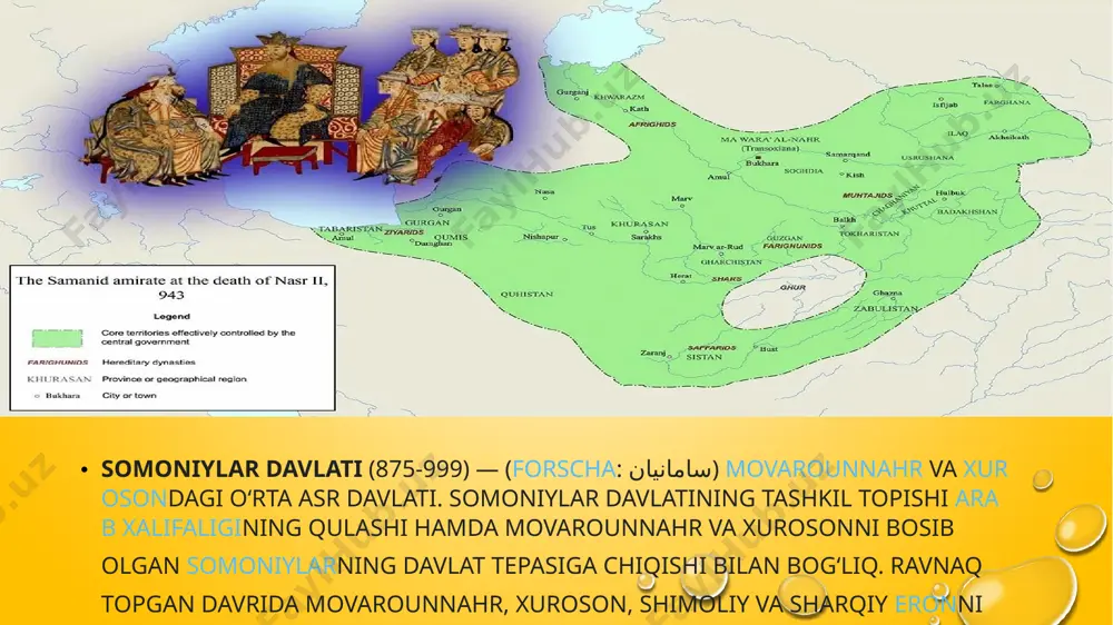 hokimlar tilga olingan[1]. boʻri-tegin yoki boʻri — somoniylarning turkiy zobiti boʻlib, 974/975—977 yillarda gʻazna hokimi boʻlib xizmat qilgan. somoniylarning yana bir sarkardasi, asli turkiy boʻlgan sebuktegin boʻri-teginni quvib chiqardi va 977-yilda somoniylar amiri nuh ii tomonidan hokim etib tayinlandi..[2] somoniylar sarkardasi simjur ad-davatiy asli turkiy edi. u ahmad ibn ismoil qo‘l ostida xizmat qila boshladi va sharqiy va markaziy eronning turli hokimliklariga tayinlandi va somoniylarning mintaqada o‘z hokimiyatini kengaytirishga yordam berdi. uning avlodlari simjuridlar sulolasi nomi bilan mashhur. uning oʻgʻli ibrohim ibn simdjur 944/945 yilda xurosonga hokim etib tayinlanadi. ibrohim vafotidan so‘ng uning o‘g‘li abul-hasan simjuriy xurosonga hokim etib tayinlanadi va qariyb o‘ttiz yil davomida bu lavozimda ishladi. nuh i hokimiyatga kelishi bilan muhammad buxorodan oʻzi uchun kattaroq muxtoriyat olishga muvaffaq boʻldi[3]. turk alp-tegin asta-sekin somoniylar qoʻriqchilarning oliy boshligʻi, „hojiblar hojibi“ darajasiga koʻtariladi (943-954). [4]. somoniy sarkardalaridan biri turkiy quttegining nomi buxoro, balx va termizda chiqarilgan somoniylar tangalarida yozilgan[5]. somoniylarning …