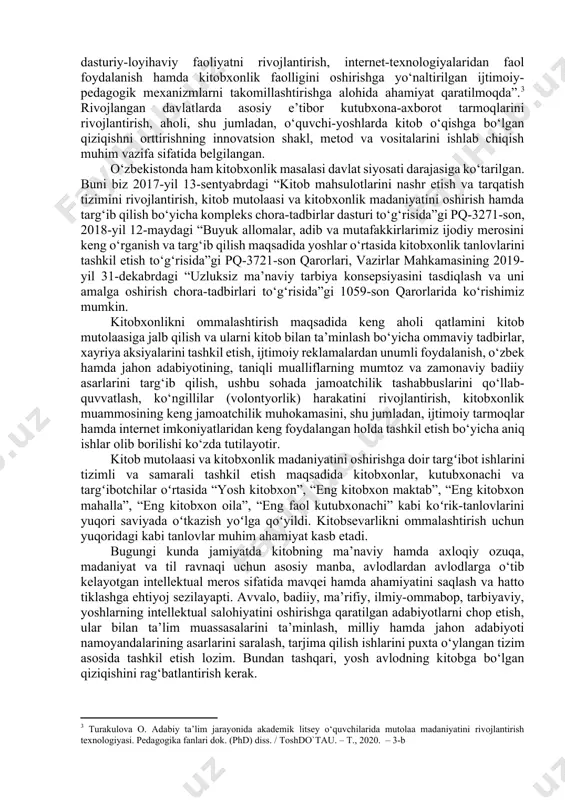 ning uchun ham bugungi kun adabiyoti o‘z o`quvchisi oldiga yangi vazifalarni qo`yishi kerak. bunday vazifalardan biri estetik didni rivojlantirishdir. zamonaviy kitobxonlikda estetik idrok va did muhim ahamiyatga egadir. estetik didga ega boʻlgan inson “atrof-muhitni goʻzallik va xunuklik, ulugʻvorlik va tubanlik, fojiaviylik va kulgililik kabi mezoniy tushunchalari orqali koʻzdan kechiradi. yuksak estetik didga ega boʻlishi oʻzinigina emas, atrofdagilarga ijobiy taʼsir koʻrsatadi. bu qobiliyat tabiiy-tugʻmalikka borib taqalsa-da, ammo oʻzini asosan tarbiya, ijtimoiy munosabatlar orqali roʻyobga chiqaradi. estetik did ham aqliy (fahm), ham axloqiy (farosat), ham hissiy tarbiya uygʻunlashgan umumiylikdan iboratdir”.[footnoteref:2] [2: abdullayev a. estetik did tarbiyasi. “yoshlik”, 2010-yil, 11-son.] kitob bilan ishlash mentalitet va ehtiyojdan kelib chiqib shakllanadigan, kitobxonning shaxsiy qarashlari tufayli rivojlanadigan jarayondir. bugungi kunda barcha toifadagi (o‘quvchi, talaba, ishchi, yoshlar, o‘rta yoshlilar, keksa avlod) o‘rtasida kitob o‘qishni targ‘ib qilish, ularning faol kitobxon bo‘lishiga erishishda “ijtimoiy institutlarning rolini oshirish, mutolaa sohasida dasturiy-loyihaviy faoliyatni rivojlantirish, internet-texnologiyalaridan faol foydalanish hamda kitobxonlik faolligini oshirishga …