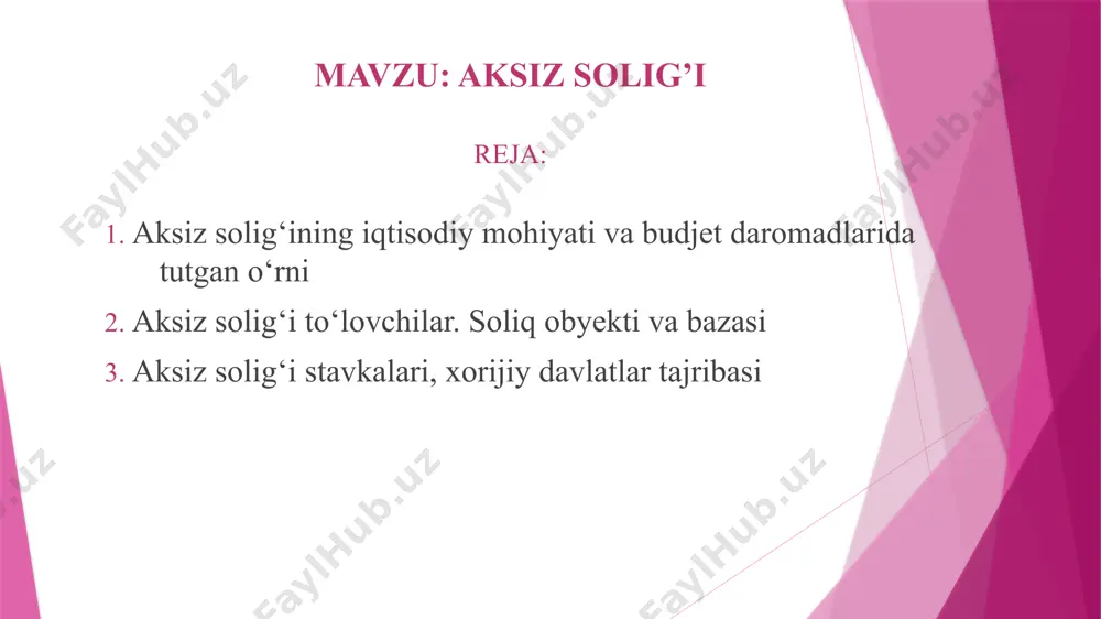 rlari to‘g‘risida»gi qaroriga asosan «o‘zdeuavto» aksionerlik jamiyatining ishlab chiqarayotgan avtomobillari (lasetti, neksiya, damas, matiz), billurdan qilingan mahsulotlar, mebel, video va audioapparatura hamda kumushdan yasalgan pichoq va sanchqilarga hisoblangan aksiz soliqlari ishlab chiqarishni rivojlantirish, iste’mol tovarlarining assortimentini ko‘paytirish va raqobatbardosh tovarlar ishlab chiqarish uchun korxonalarning o‘z ixtiyorlarida qoldiriladigan bo‘ldi. aksiz solig‘i stavkalari, xorijiy davlatlar tajribasi aksiz solig‘i to‘lovchilar. soliq obyekti va bazasi aksiz solig‘ini to‘lovchilar (bundan buyon ushbu bo‘limda soliq to‘lovchilar deb yuritiladi) deb quyidagi shaxslar e’tirof etiladi: 1) o‘zbekiston respublikasi hududida aksiz solig‘i solinadigan tovarlarni (aksiz to‘lanadigan tovarlarni) ishlab chiqaruvchilar; 2) tabiiy gazni iste’molchilarga realizatsiya qilishni amalga oshiruvchilar; 3) benzin, dizel yoqilg‘isini yakuniy iste’molchilarga realizatsiya qilishni, shu jumladan avtomobillarga yoqilg‘i quyish shoxobchalari orqali, shuningdek gazni gaz to‘ldirish stansiyalari va gaz to‘ldirish punktlari orqali realizatsiya qilishni amalga oshiruvchilar. ushbu bo‘limni qo‘llash maqsadida yakuniy iste’molchilar deganda o‘z ehtiyojlari uchun benzin, dizel yoqilg‘isi hamda gaz oluvchi yuridik va jismoniy shaxslar tushuniladi; (283-modda birinchi …
