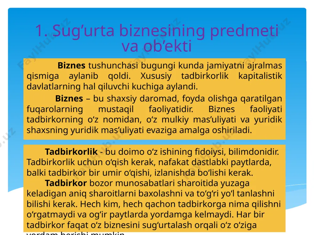 ularni sug’urtalash zaruriyatining kelib chiqishi; - hayot sug’urtasi orqali aholining ijtimoiy-iqtisodiy himoyasini bozor iqtisodiyoti tamoyillari asosida ta’minlashi; - mamlakat umumiy iqtisodiyotining barqaror rivojlanishida muhim omillardan biri hisoblanishi va boshqalar. 2. sug`urtа biznеsini sug`urtа fаоliyati bo`yichа turkumlаsh. o’zbekiston respublikasi qonunchilik hujjatlariga muvofiq sug’urta quyidagi sohalarga ajratilgan, ya’ni: - hayotni sug’urta qilish jismoniy shaxslarning hayoti, sog’lig’i, mehnat qobiliyati va pul ta’minoti bilan bog’liq manfaatlarini sug’urta qilish, bunda shartnoma bo’yicha sug’urtaning eng kam muddati bir yilni tashkil etadi hamda sug’urta pullarining sug’urta shartnomasida ko’rsatib o’tilgan oshirilgan foizni o’z ichiga oluvchi bir martalik yoki davriy to’lovlarini (annuitetlarni) qamrab oladi - umumiy sug’urta shaxsiy, mulkiy sug’urta, javobgarlikni sug’urta qilish hamda hayotni sug’urta qilish sohasiga taalluqli bo’lmagan boshqa sug’urta turlari 2. sug`urtа biznеsini sug`urtа fаоliyati bo`yichа turkumlаsh. hozirgi paytda sug’urta kompaniyalari jahondagi har bir davlatning eng muhim moliyaviy institutlaridan biri hisoblanadi. uning samarali faoliyat ko’rsatishi iqtisodiy o’sishning sifatiga, ijtimoiy farovonlikning darajasiga, makroiqtisodiy barqarorlikni ta’minlash va milliy …