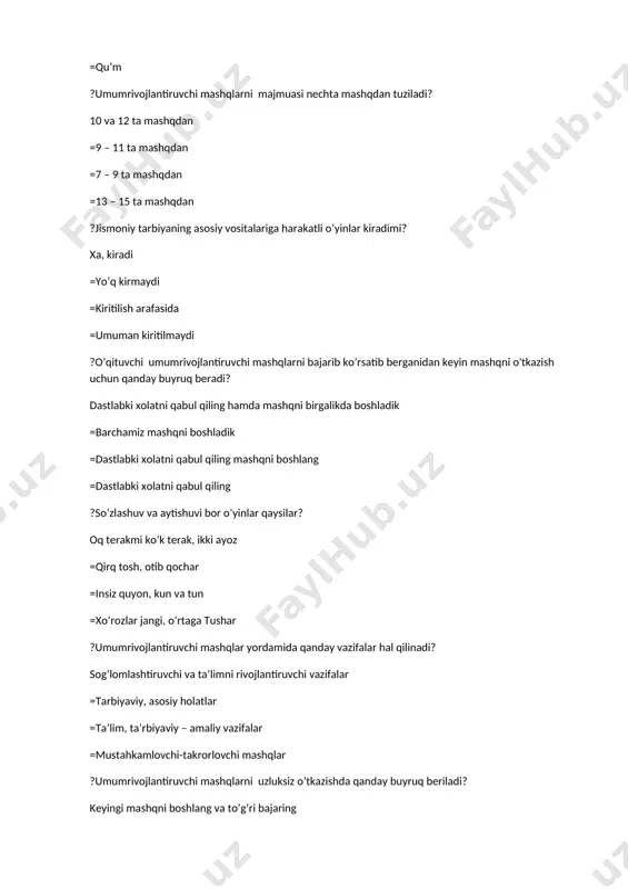 to’g’ri bajaring =oxirgisi, keyingisi =oxirgi =mashqni boshlang ?arqon tortish o’yini qaysi jismoniy sifatni tarbiyalaydi? kuch =chaqqonlik =tezkorlik =egiluvchanlik ?umumrivojlantiruvchi mashqlarni tugatish qoidalarini aniqlang? 1-2-3 mashq tamom =1-2-3-4 mashq tamom =1-2-3-4-5 mashq tamom =1-2-3-4 mashqni to’xtating ?futbol maydoni burchaklariga qanday belgilar qo’yiladi? bayroqcha va chiziq bilan =maydon burchagiga aylana chiziq chiziladi =bayroqcha bilan =uchburchak xolda chiziladi. ?harakatli o’yinlar kun tartibida ko’proq qaysi paytlarda qo’llaniladi? darsdan tashqari =darsda =tanafusda =sport to’garagida ?mashg’ulotda jismoniy tarbiya o’qituvchisi mashg’ulotni nimaga asoslanib tuzadi? dts talablariga asoslanib shug’ullanuvchilarni yoshi va jinsiga qarab =direktorni buyrug’iga asoslanib =shug’ullanuvchilarni yoshi, jinsiga qarab =o’quv qo’llanmalarga asoslanib ?dastlabki holat (d.h.) bu nima? mashq va xarakatlarni boshlashdan oldingi xolat =d.h., oyoqlar keng kerilgan =a.t., oyoqlarni kerilgan xolatlari =mashqni tugatish xolati ?basketbol o’yinida maydonda nechta xakam bo’ladi? 2 ta =1 ta =3 ta =4 ta ?i-ii sinf o’quvchilariga qanday harakatli o’yinlar o’tkazish ma`qul? estafetali, gurux bo’lib o’ynaladigon mashqlar =komandalarga bo’linmaydigon, syujetliy o’yinlar =komandalarga bo’linadigan …