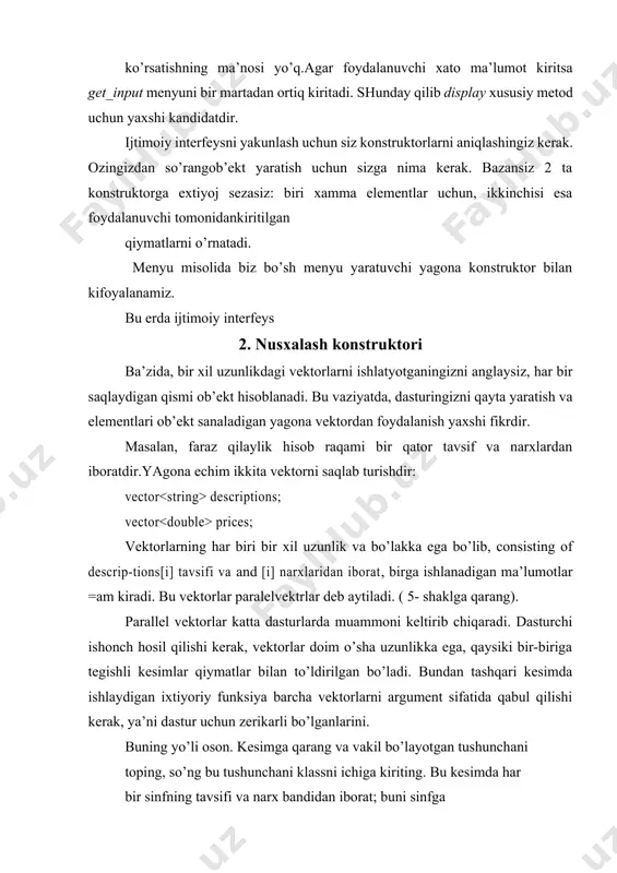 public: ... private: string description; double price; }; fayldagi manba’ • komponentlik funksiyalari tavsifi • komponentsiz funksiyalar tavsifi. cashregister cinfi uchun, siz bir juft faylni yaratasiz: cashregister.h va cashregister.cpp, unda interfeys va qo’llanilish mavjud. 4. joylashtiriladigan (inline) funksiyalar–a’zolar sarlaxa fayli sinf tavsiffini o’z ichiga oladi: ch09/cashregister.h 1 #ifndef cashregister_h 2 #define cashregister_h 3 4 /** 5 a simulated cash register that tracks the item count and 6the total amount due. 7 */ 8class cashregister 9 { 10public: 11 /** 12constructs a cash register with cleared item count and total. 13 */ 14 cashregister(); 15 16 /** 17clears the item count and the total. 18 */ 19void clear(); 20 21 /** 22adds an item to this cash register. 23@param price the price of this item 24 */ 25void add_item(double price); 26 27 /** 28@return the total amount of the current sale 29 */ 30double get_total() const; 31 32 /** 33@return the …