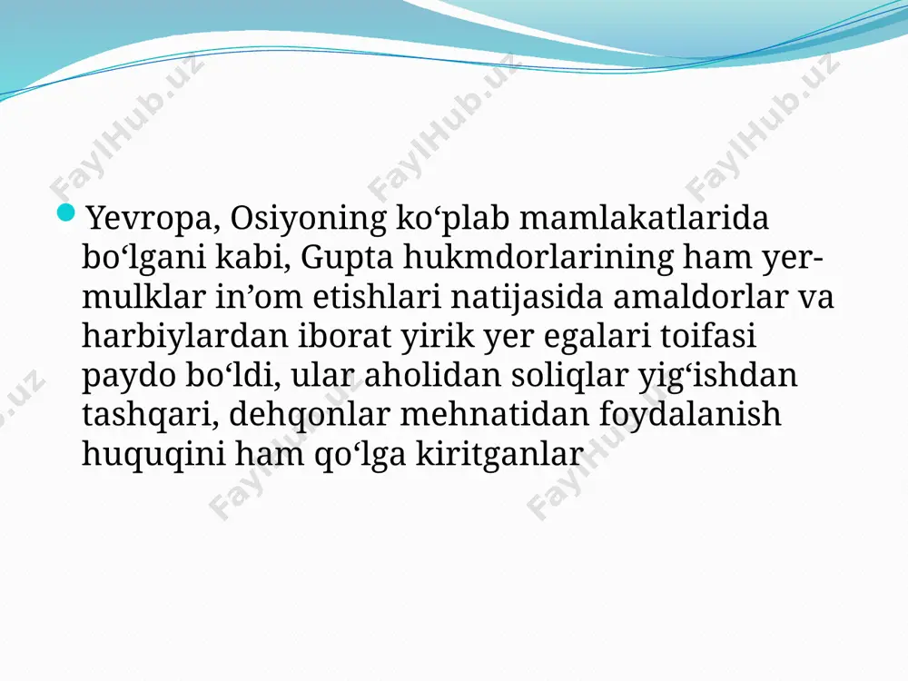 asrlarda hindistonda kohin-braxmanlar va ibodatxonalarda ham yirik yer maydonlari bo‘lgan. o‘sha davrga oid manbalarda rojalardan biri ibodatxonalarga 1400 ta qishloqni yer-mulk sifatida in’om etgani yozilgan. rojaning eng yaqin qarindoshlari, nufuzli amaldorlariga, ularning tutgan mavqelariga qarab, o‘nlab, ba’zida yuzlab qishloqlar berilgan bo‘lsa, oddiy rajput (jangchi)ga bitta yoki bir qishloqning yarmi ham berilgan in’om etilgan yer “grass” (“qultum” yoki “bo‘lak”) deb atalgan, uni olgan kishining asosiy majburiyati doimo harbiy xizmatga shay turish, urushlarda ishtirok etish bo‘lgan. rojalar o‘z xonadonlariga mansub bo‘lmagan amaldorlarga yerni ma’lum xizmat muddatiga berganlar. yer egaligining bu turi patta (“yorliqqa olingan yer”) deyilgan. patta yeridan alohida xizmat ko‘rsatganlarni taqdirlash uchun ham foydalanilgan. mulkchilik munosabatlarining yuksalib borishi bilan pattaga berilgan yerlar ham merosiy mulkka aylana boshlagan. istilochi eftaliylar asta-sekin mahalliy aholining yuqori toifalari bilan aralashib boradi hamda rajputlar kastasiga asos soladilar. rajputlar hukmdorlari shimoliy va markaziy hindistonning bir qismida 20 dan ortiq knyazliklar tuzib, ularni rojalar sifatida boshqarganlar. bu knyazliklar …